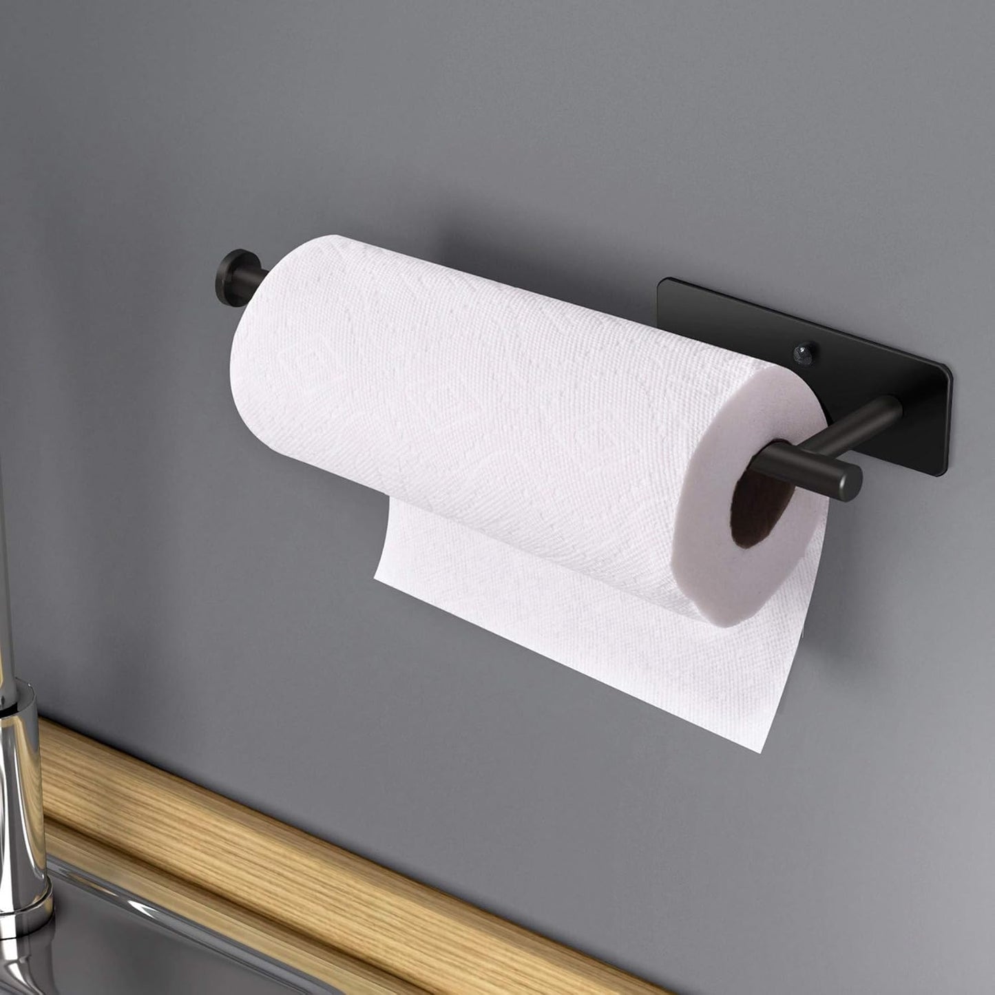 Self Adhesive Paper Towel Holder under Cabinet Mount, Wall Mount Paper Towel Roll Rack for Kitchen Cabinet, Bathroom, SUS304 Stainless Steel Black