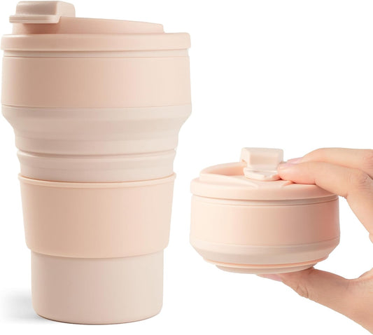 12Oz Collapsible Cup for Traveling, Collapsible Silicone Travel Cup for Hot and Cold Drinks, Leak Proof Silicone Folding Travel Coffee Mug for Camping & Hiking, BPA Free Pink