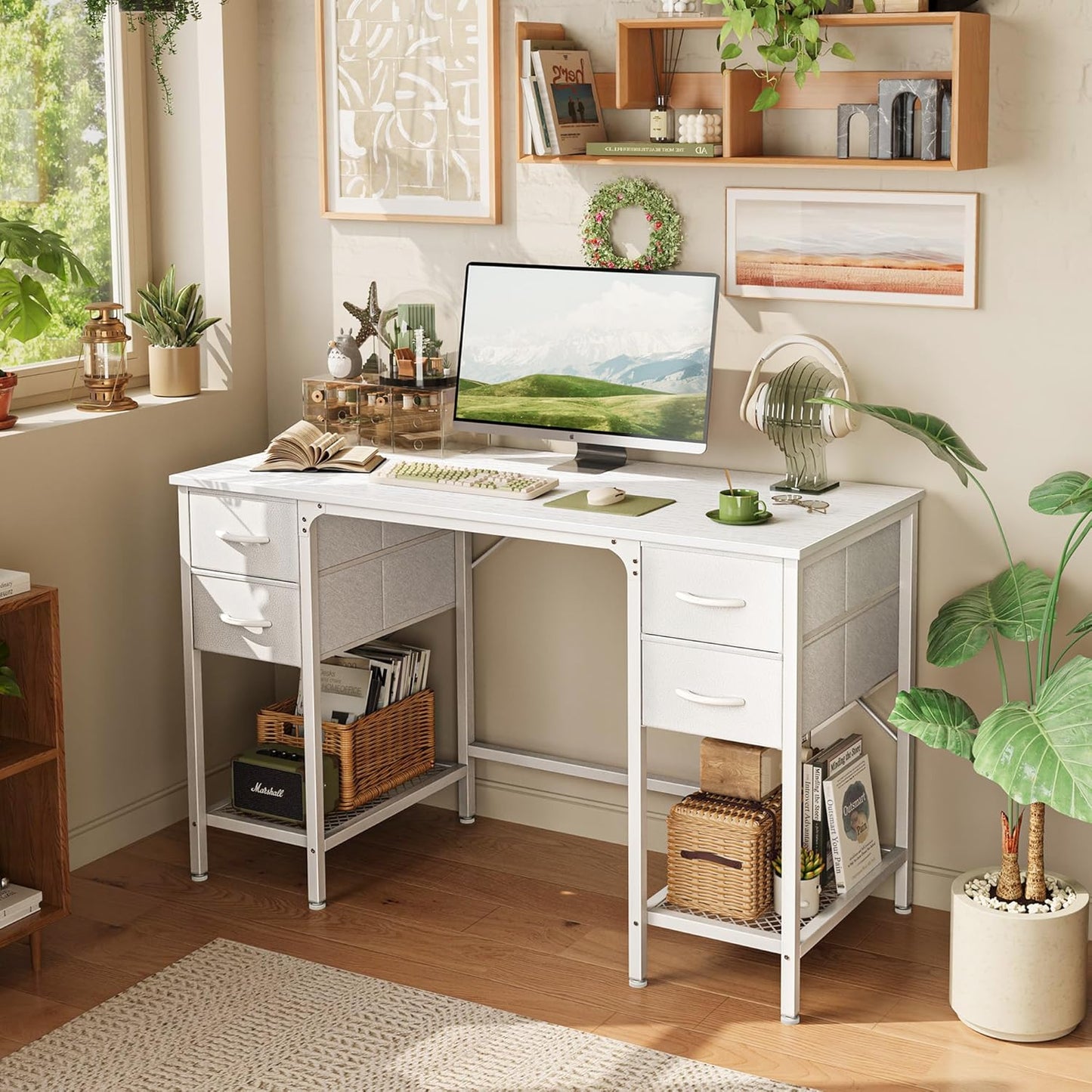 47-Inch White Desk with Four Drawers and Mesh Shelf, Versatile Study and Computer Table for Home Office and Bedroom