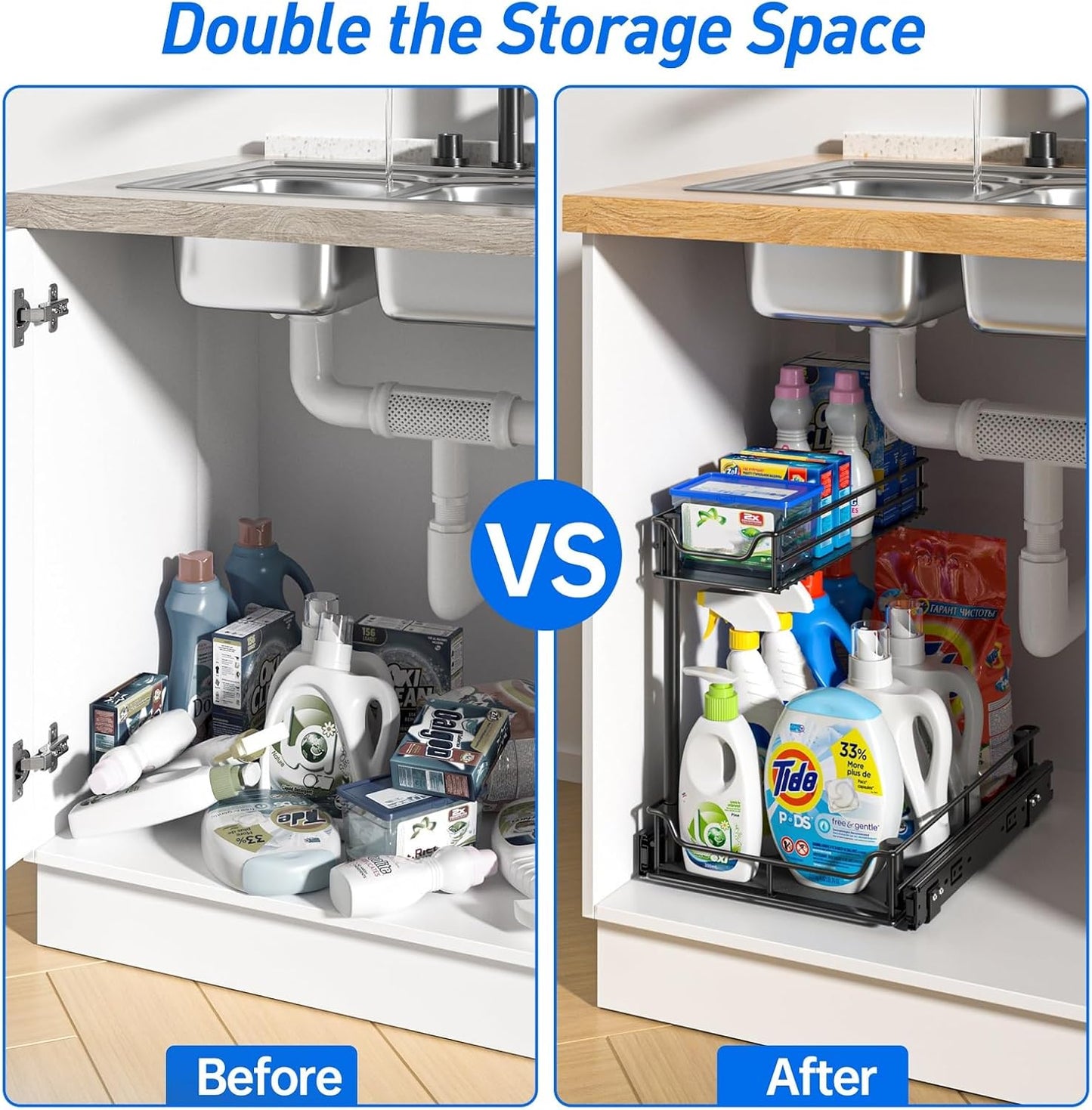 under Sink Organizer, Pull Out Cabinet Organizer with Upgraded Slides, Slide Out Sink Shelf Cabinet Storage Shelves, Storages for Kitchen Bathroom