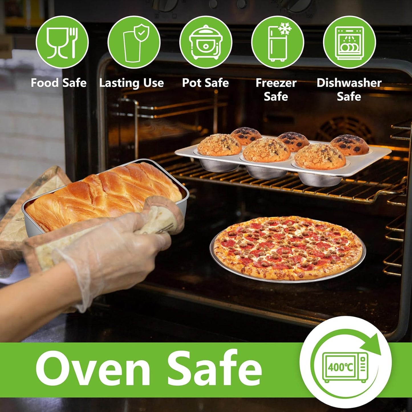Bakeware Sets of 11, Stainless Steel Baking Pans Set, Includes Baking Sheets and Rack, Lasagna Pan with Lid, Round/Square Cake Pan, Muffin Pans, Loaf Pan, Reusable & Durable