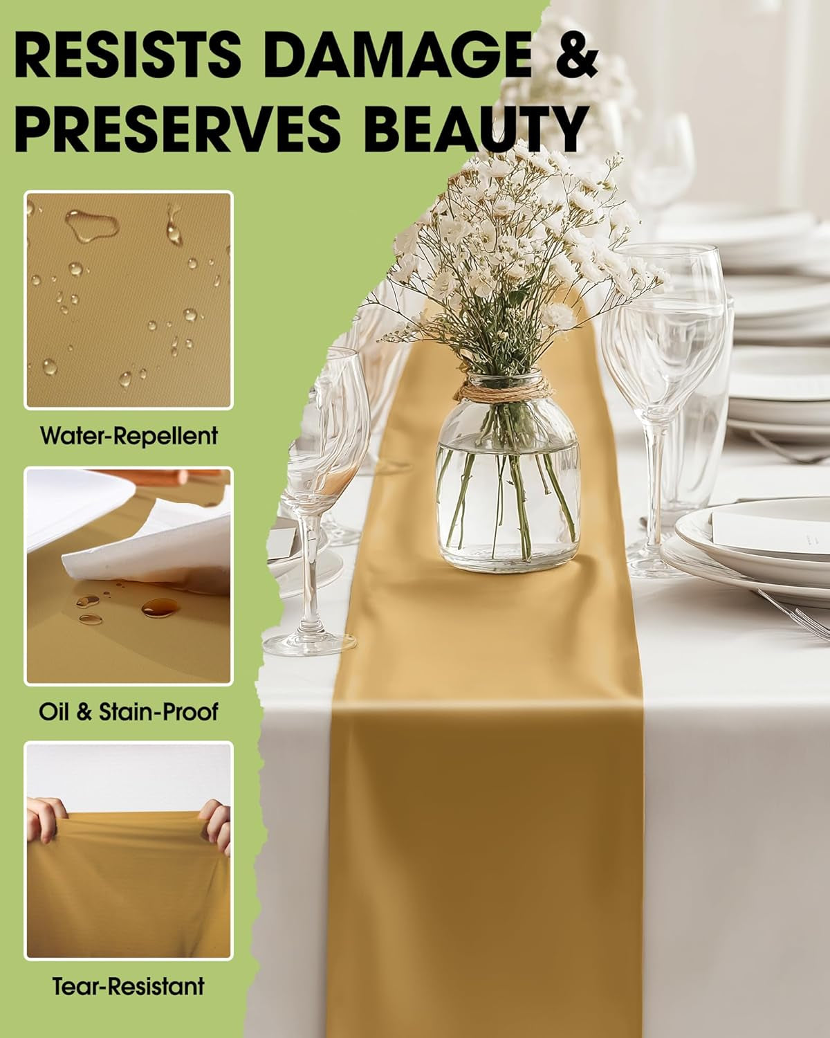 Gold Plastic Table Runners - 12 Pack, 14'' X 108'', Water Resistant & Disposable Centerpiece Decorations for Table Cloth, Wedding, Birthday, Holiday, Baby Shower, Party, Home Decor