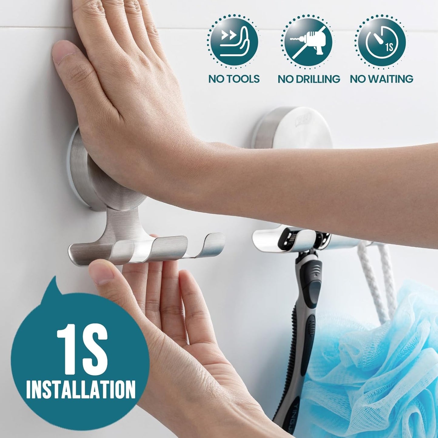 2 Pack Powerful Suction Cup Razor Holder, 304 Stainless Steel Bathroom Suction Hooks for Towel, Loofah, Bathrobe, Stylish Shaver Holder for Shower Wall, Easy to Install and Reuse, Silver