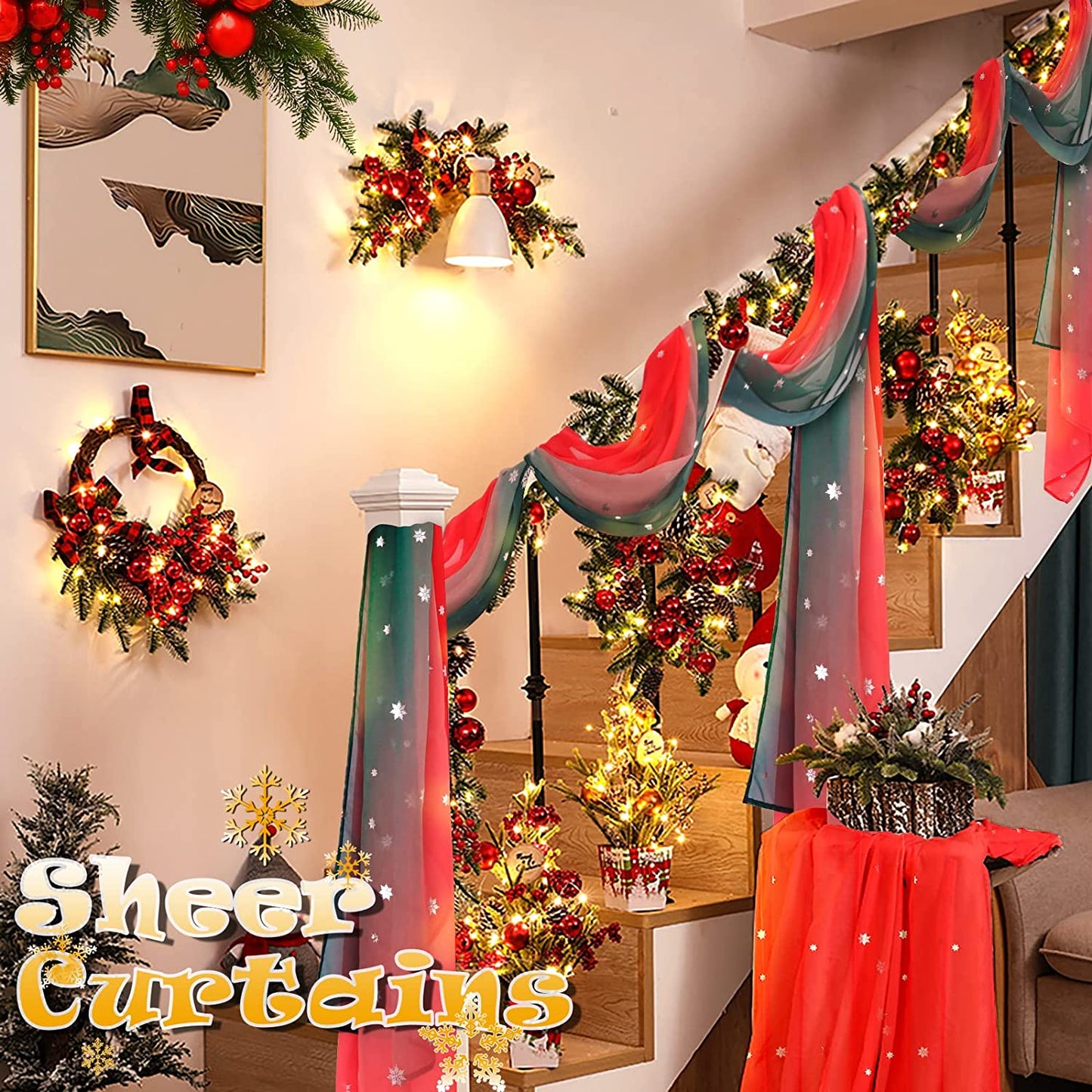 Christmas Party Scarf Curtains Snow Print Window Decoration for Living Room, Soft Ombre Sheer Voile Scarf Valance for Window, Set of 1 Panel (52 X 144 Inch, Red and Green)