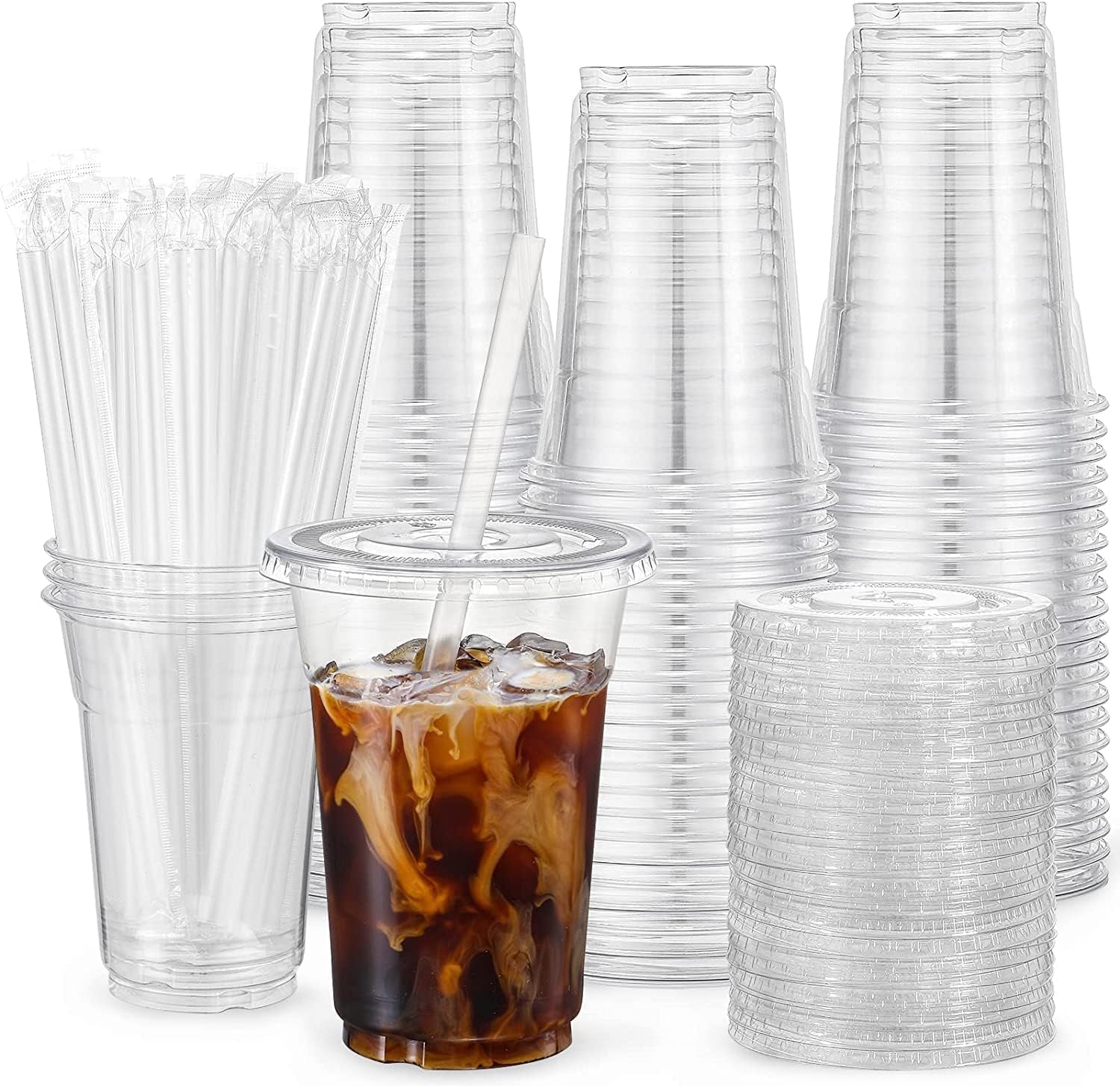 100 Sets - 12Oz Clear Plastic Cups with Lids and Straws, Disposable Cups for Iced Coffee, Smoothie, Milkshake, Cold Drinks