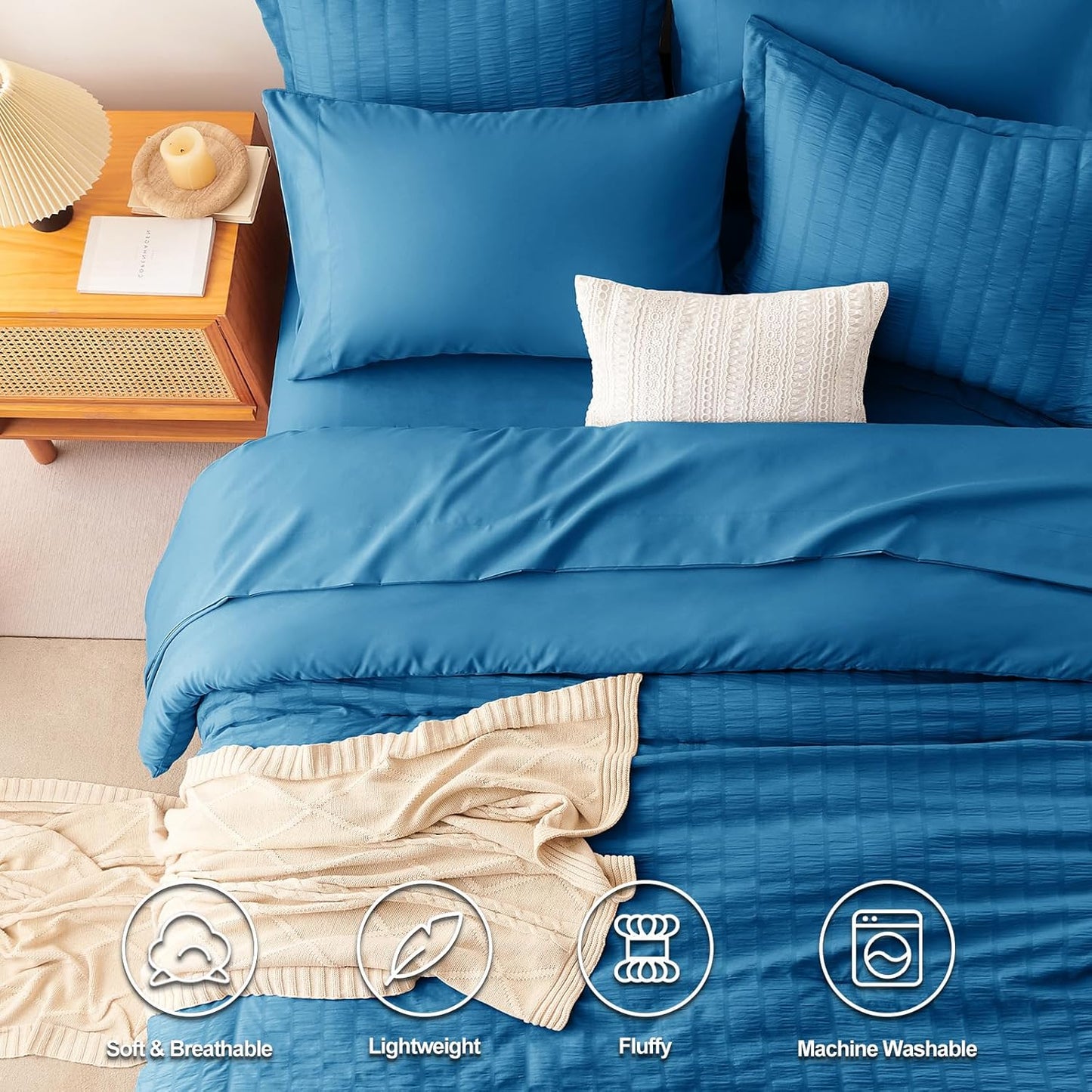 Full Seersucker Comforter Set with Teal Bed in a Bag 7-Pieces All Season Bedding Sets with Comforter, Pillow Sham, Flat Sheet, Fitted Sheet, Pillowcase