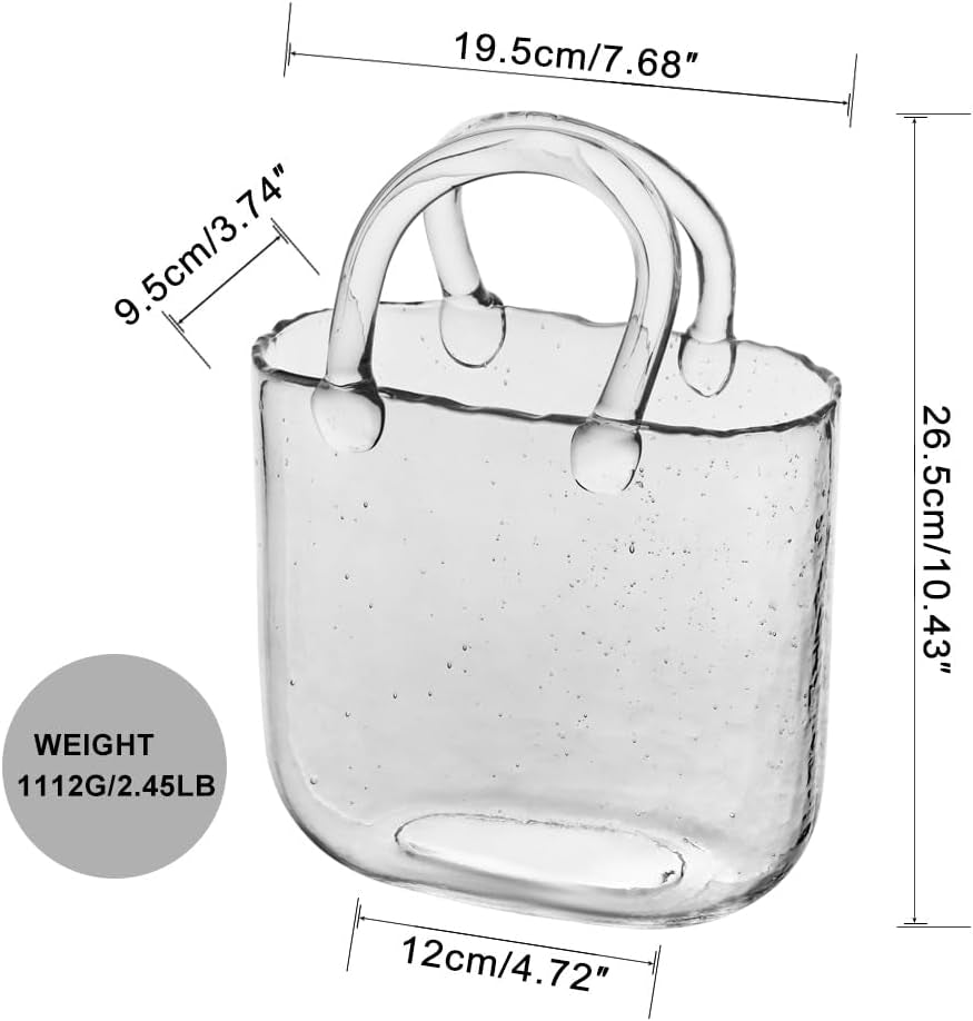 1Pcs Clear Glass Bag Vase for Flowers - Handmade Glass Purse Vase, Ideal for Centerpieces - Stylish and Functional Clear Glass Vase (Clear, 1Pcsclear)