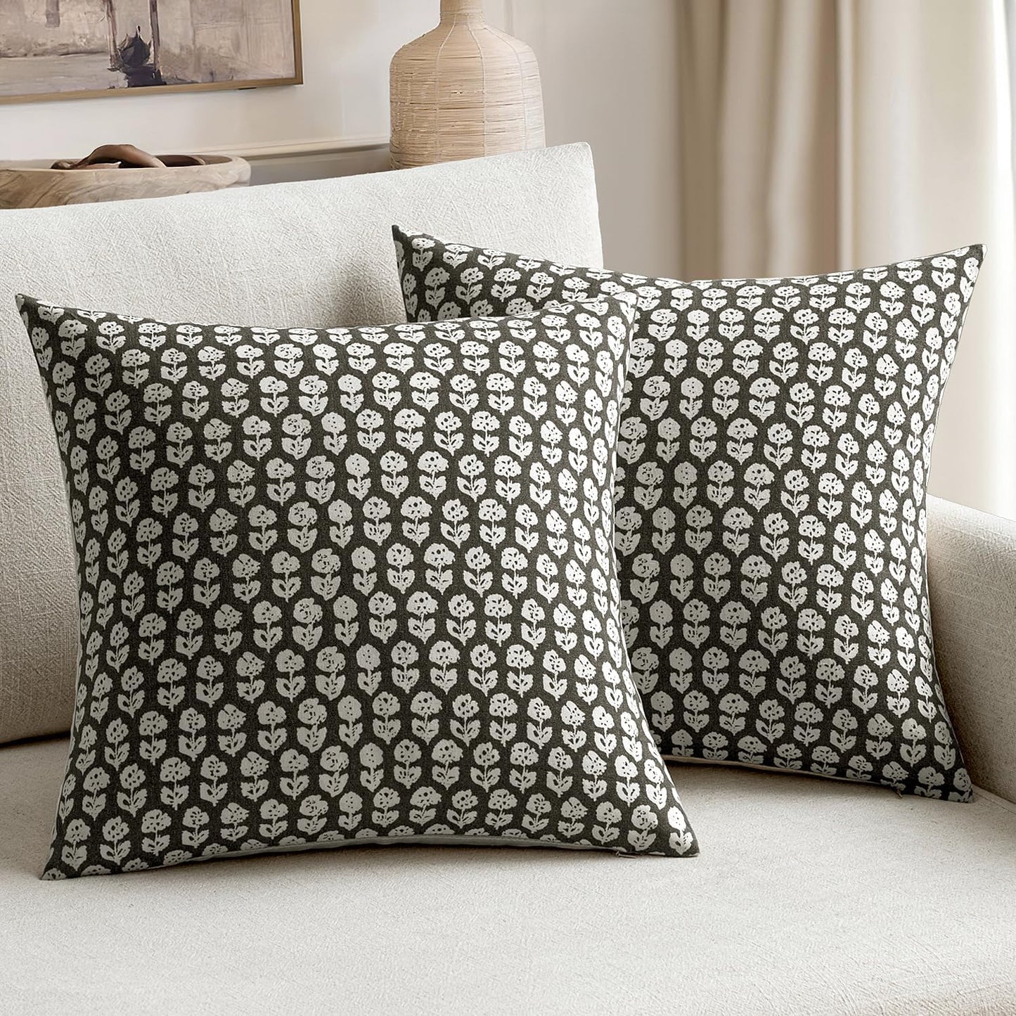 Set of 2 Vintage Floral Block Print Pillow Covers, 18x18 Inch Neutral Linen Farmhouse Cushion Cases for Couch, Sofa, Bed, and Chair in Black