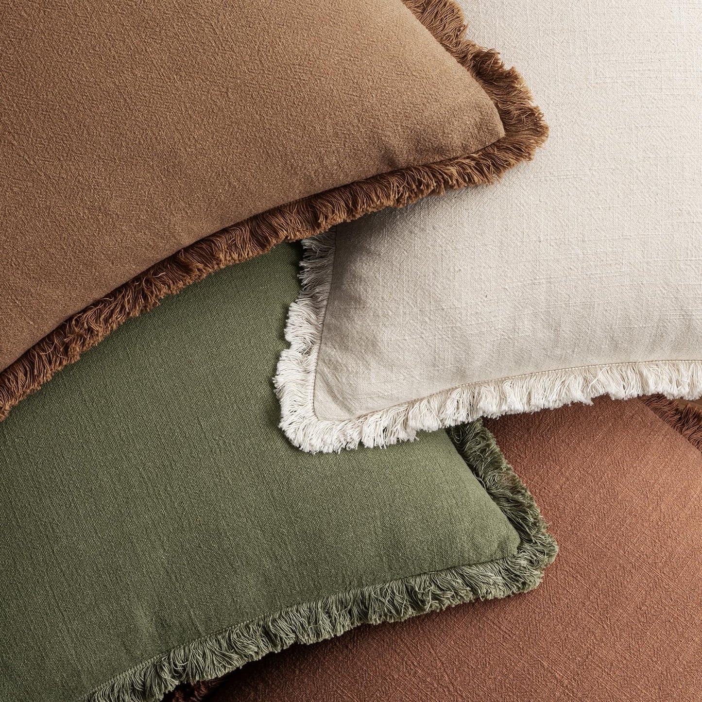 Fall Decorative Couch Pillow Covers Neutral Linen Fringe Throw Pillows Set of 4 Soft Rustic Cushions Boho Farmhouse Pillowcases for Bed Sofa Living Room Home Decor 18X18 Inch Beige/Brown/Green