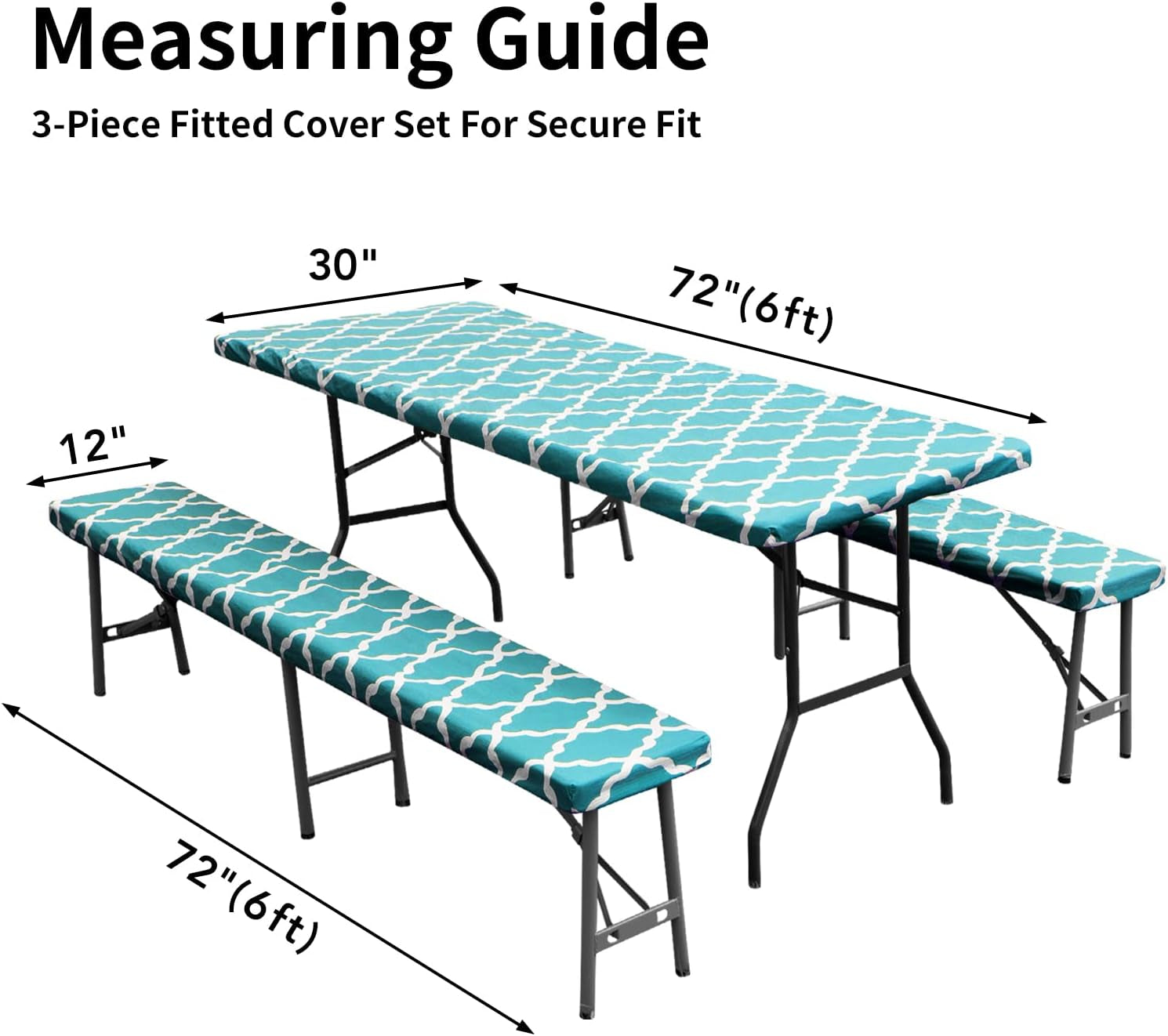 100% Waterproof Picnic Outdoor Tablecloth with Bench Covers Fit 6 Foot Rectangle Table, 3-Piece Set Camping Table Cover with Seat Covers (30X72 In, Moroccan/Teal & White)