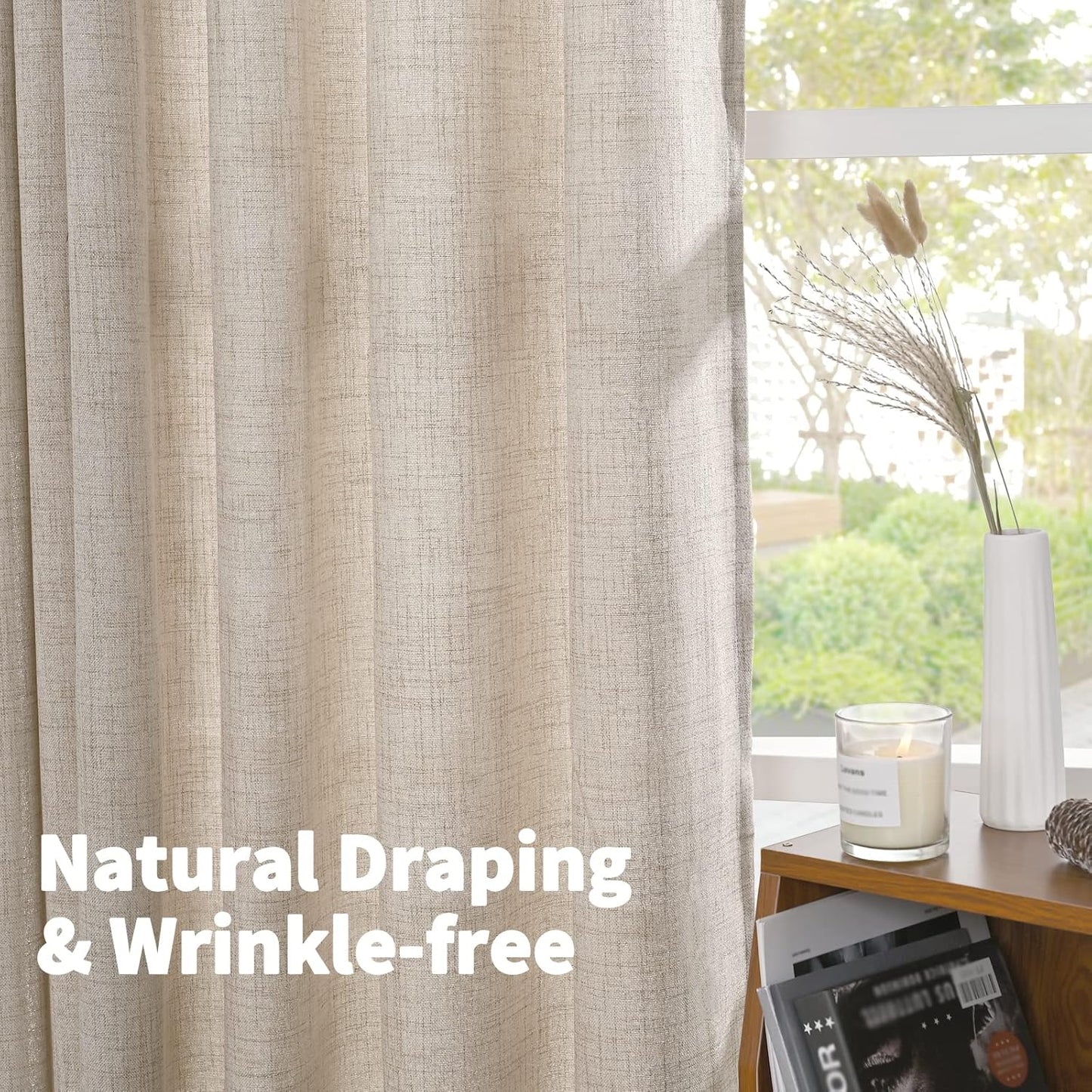 Linen Semi Sheer Curtains 72 Inch Length 2 Panels for Living Room - Light Filtering Drapes with Rod Pocket Back Tab Rustic Beige Window Treatments for Dining Bedroom, 52 X 72 Inch