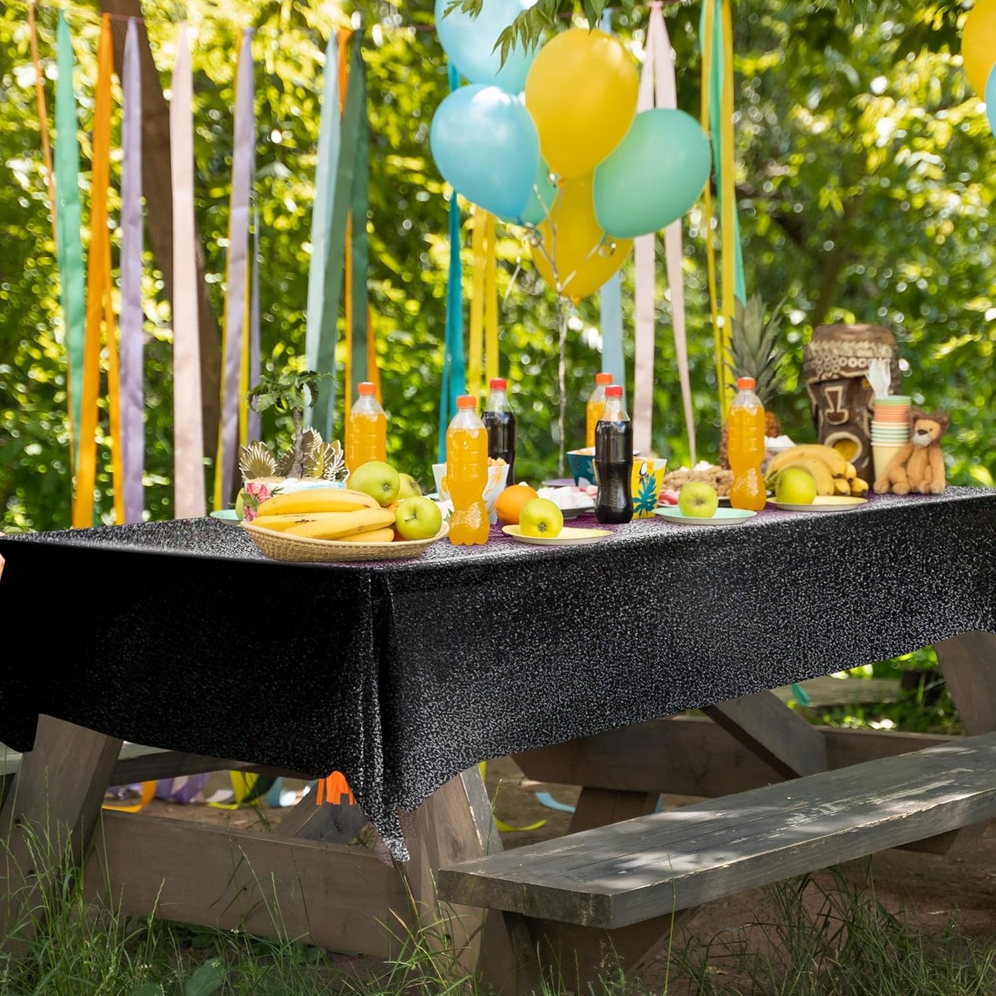 Black Holographic Laser Tablecloth - Galaxy Space Design, 40 x 108 Inches, Shimmering Star Table Cover for Halloween, Birthday, Graduation, and Neon Party Supplies - Disposable Plastic Foil Table Decor