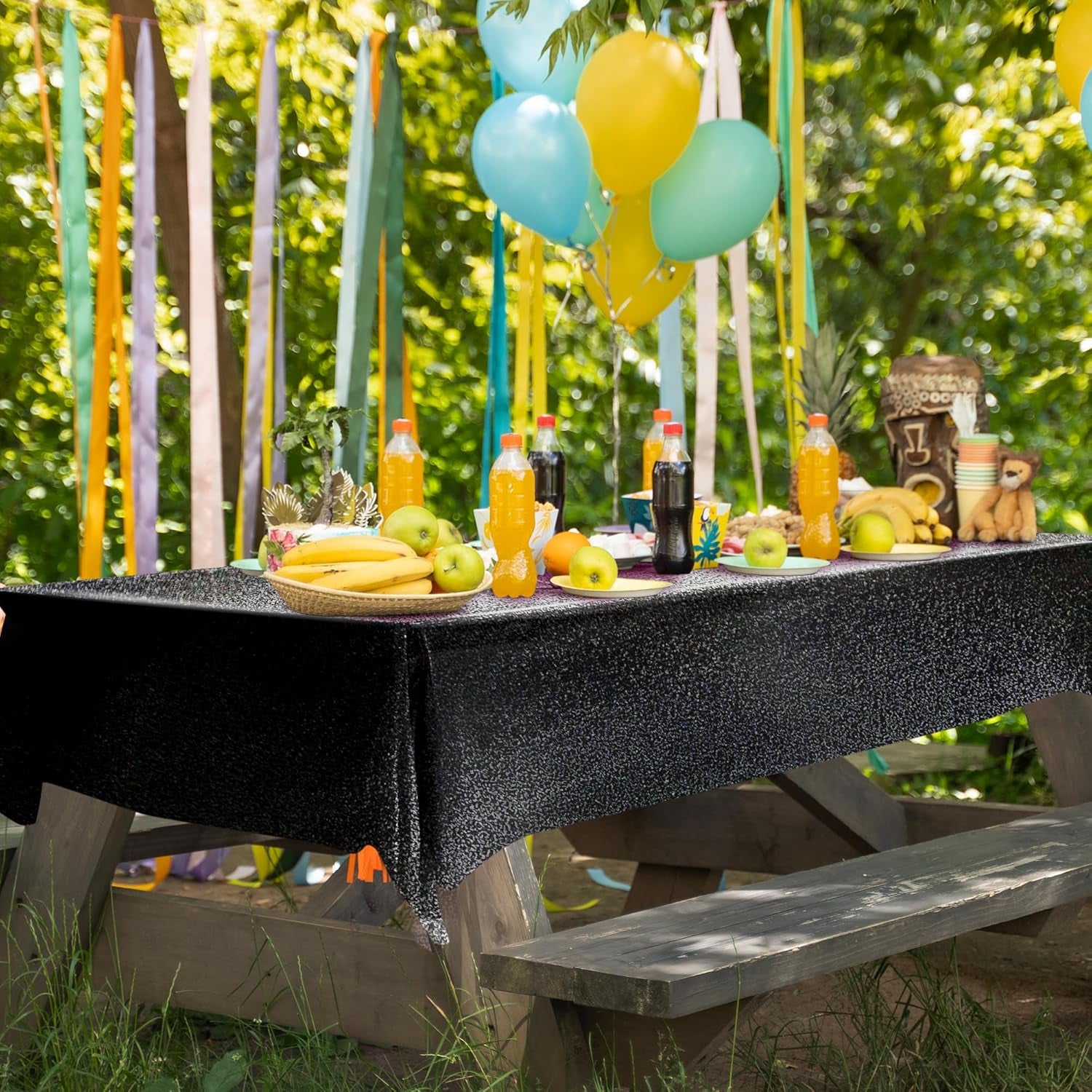 Black Holographic Laser Tablecloth - Galaxy Space Design, 40 x 108 Inches, Shimmering Star Table Cover for Halloween, Birthday, Graduation, and Neon Party Supplies - Disposable Plastic Foil Table Decor