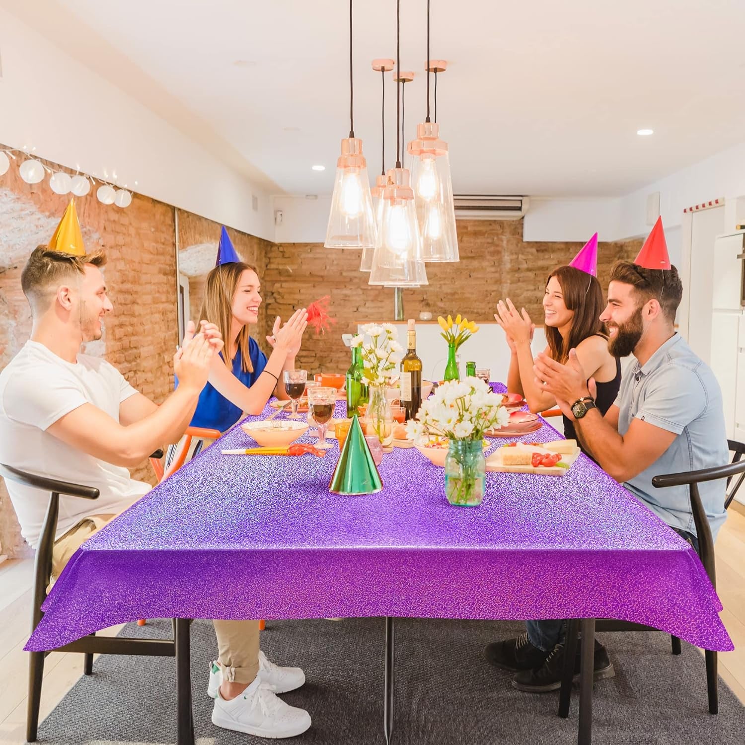 Set of 2 Black and Purple Holographic Laser Tablecloths - Iridescent Shiny Table Covers (40" x 108") for Halloween, Birthday Parties, and Wedding Events