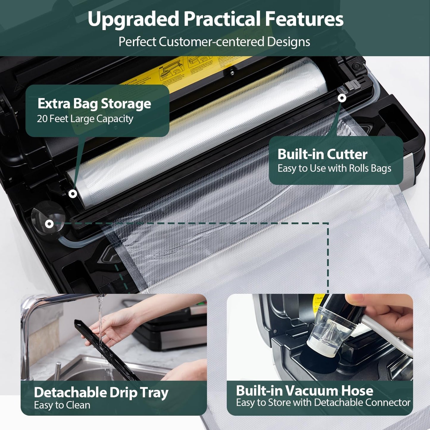 Vacuum Sealer Machine, Aqualock Series 2X Seal&130W Full Automatic Food Sealer, Powerful Food Preservation System with Handle, Built-In Cutter&Bags Storage&Hose, 2 Bags Rolls, Stainless Steel