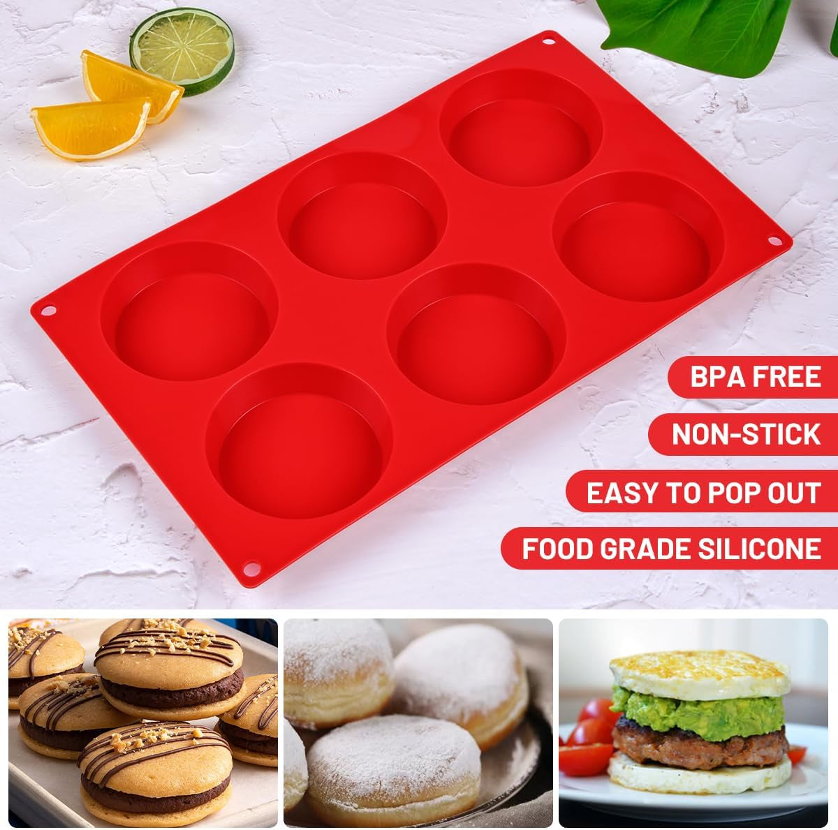 Muffin Top Pan, Silicone Molds for Breakfast Sandwiches, English Muffins, Whoopie Pies, Corn Bread, Egg Bites, Tarts - 2 Pack Red