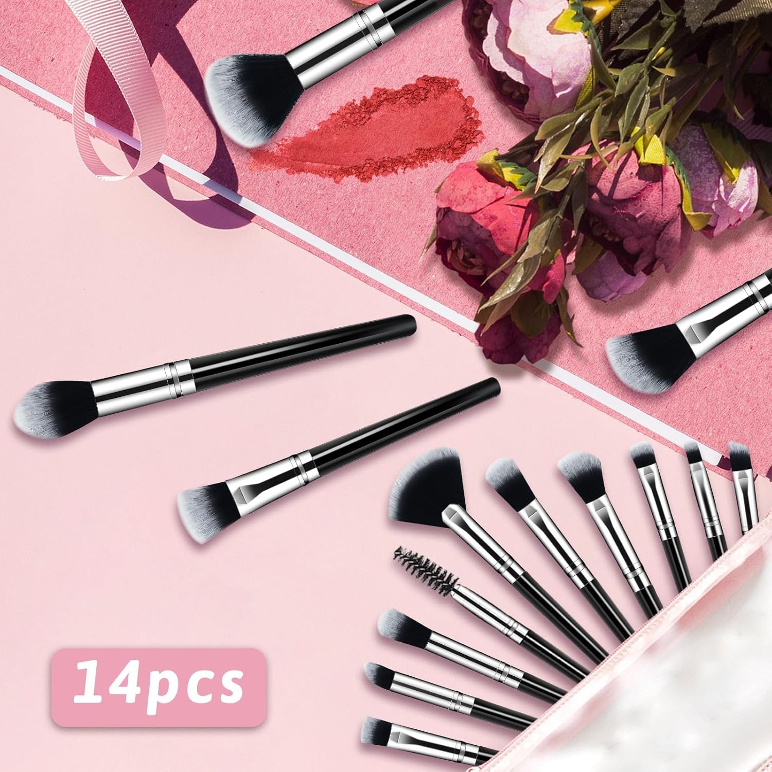 Makeup Brush Set, Premium Synthetic 14 Pcs Makeup Brushes, Travel Makeup Brush Set for Foundation, Concealer, Blush and Eyeshadow Brush(Black)