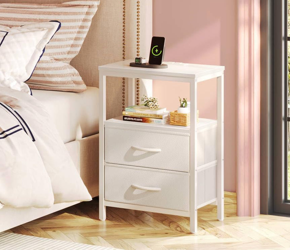 Elegant Nightstand with Integrated Charging Station, Fabric Drawers, Open Shelf, USB Ports, and Outlets - White Finish