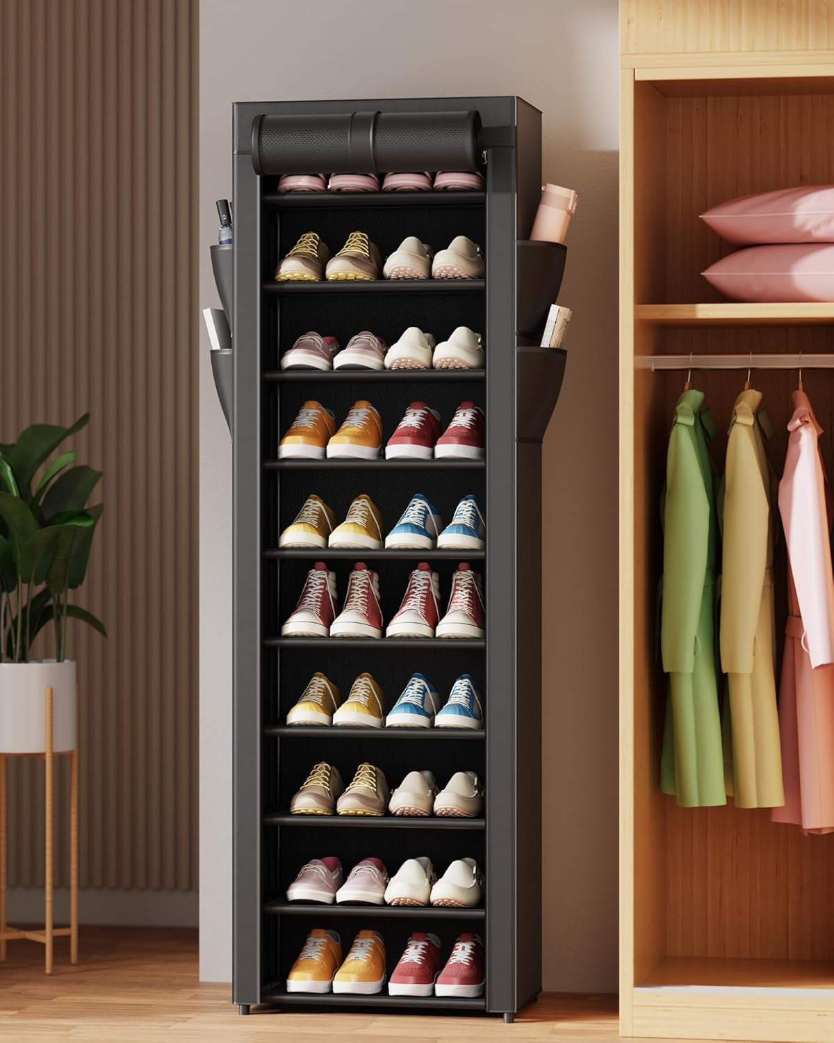 Shoe Rack - 10-Tier Large Capacity Shoe Organizer Shelf with Dust Cover & Side Pockets, Rust-Proof Metal Shoe Rack for Closet, Entrance, Living Room, 17.5" X 12.4" X 69.3", Black