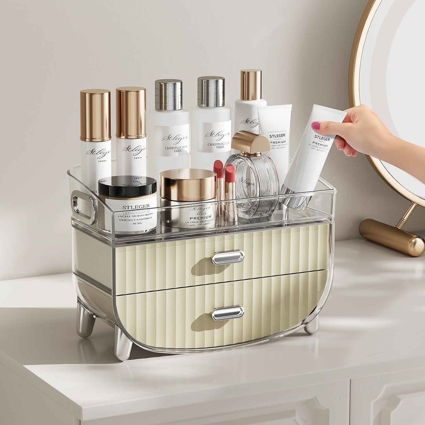 Makeup Organizer with 2 Drawers, Bathroom Storage with Four Non-Slip Feet and Dust-Proof, Simple and Stylish for Desktop, Vanity, Bathroom Countertops, White
