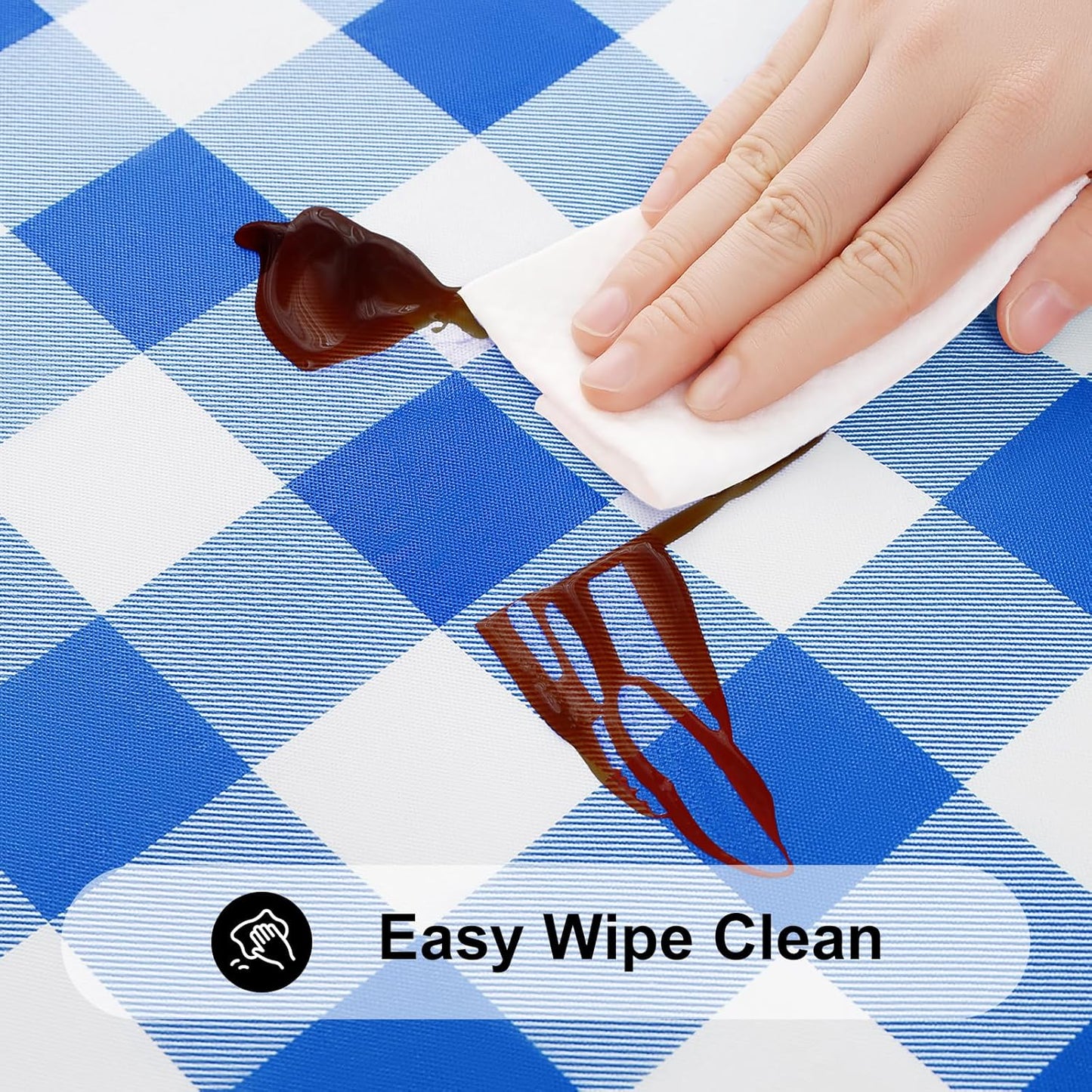 round Picnic Tablecloth, Elastic Waterproof Fitted Vinyl Tablecloths for 36"-44" Tables, Flannel Backed Buffalo Plaid Table Cover for Dining, Camping, Outdoor, White and Blue
