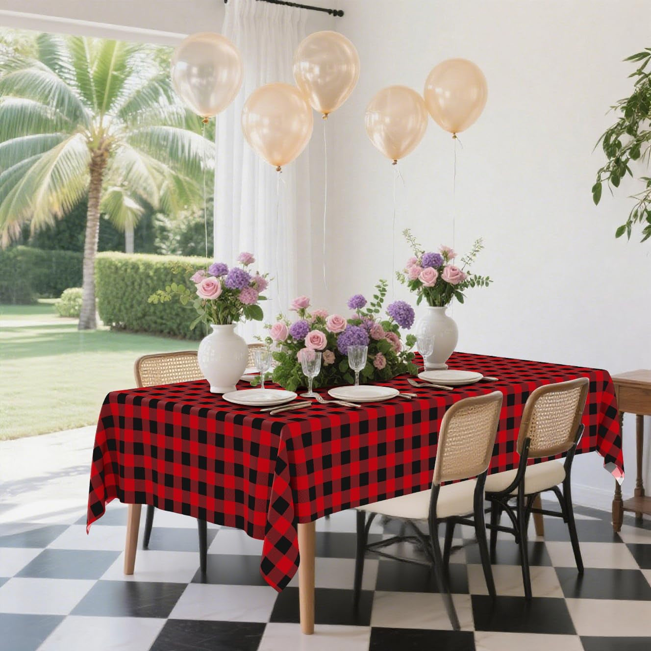 3 Packs Gingham Disposable Table Cloth, 54 X 108 Inch Waterproof Plastic Tablecloth, Rectangle Black and Red Checkered Table Covers for Picnic, Birthday, Party