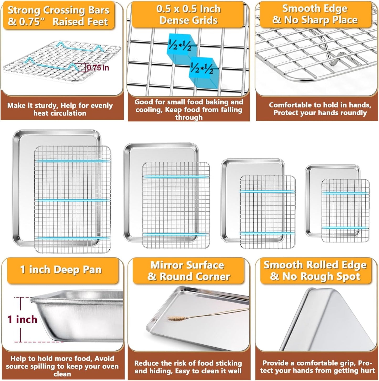 16 + 12.5 + 10.4 + 9 Inch Baking Sheet and Rack Set, Stainless Steel Cookie Sheets Oven Baking Pans Trays with Cooling Racks for Cooking & Roasting, Oven & Dishwasher Safe, (8Pcs)