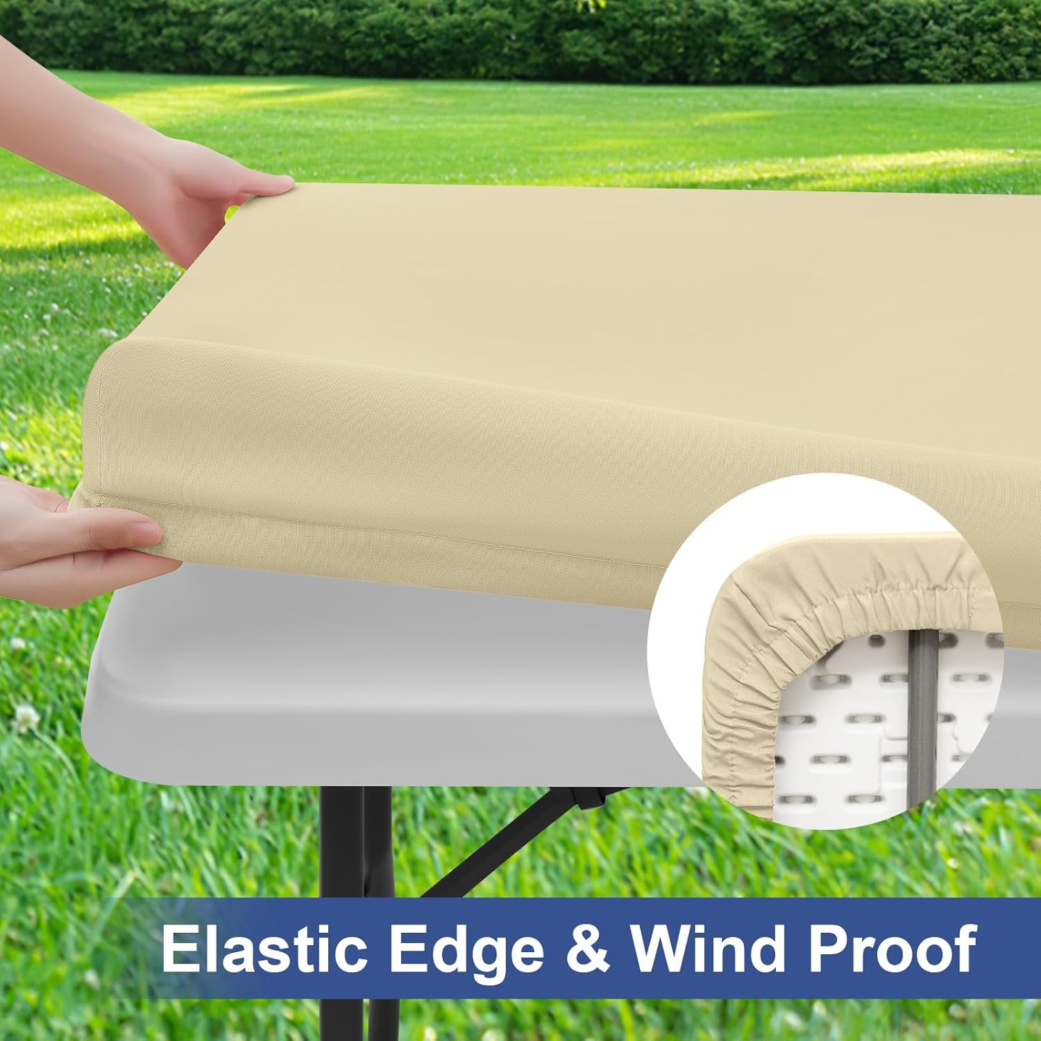 2 Pack Rectangle Table Cloth, Elastic Fitted Fabric Tablecloth Fits for 4 Foot Folding Tables, Washable Table Cover for Picnic, Camping, Indoor & Outdoor (Champagne, 24" X 48")