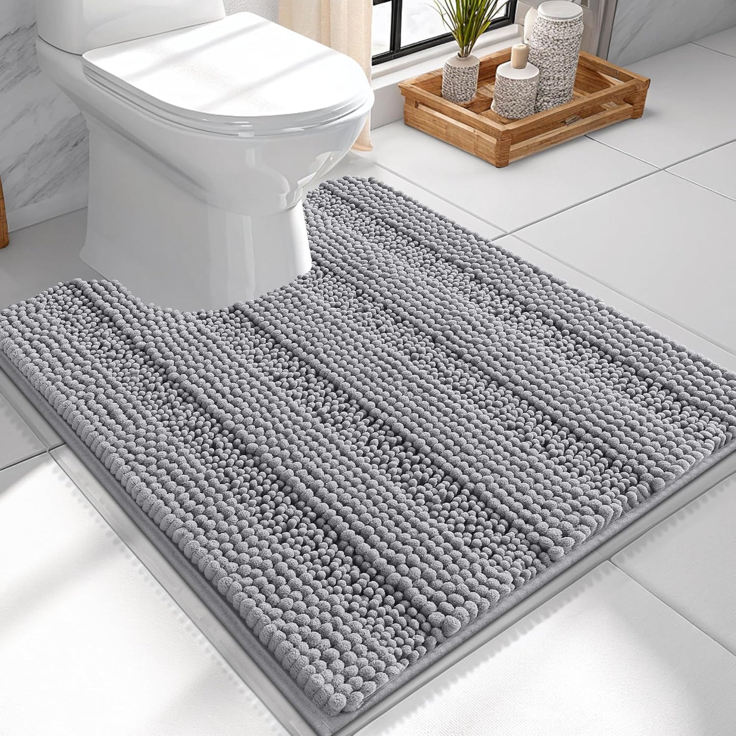 Thick Toilet Rugs U-Shaped 24X20, Extra Soft Absorbent Chenille Striped Contour Bathroom Rugs for Toilet, Dry Quickly, Machine Washable, Non-Slip Bath Mat, Grey