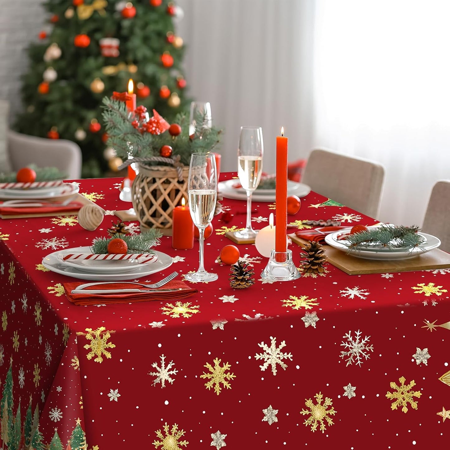 3Pcs Christmas Disposable Tablecloths Rectangle,Christmas Trees Red Plastic Table Cloth,Waterproof Winter Snowflakes Table Cover for Xmas Holiday Home Dinner Party Decorations,54 X 108 Inch