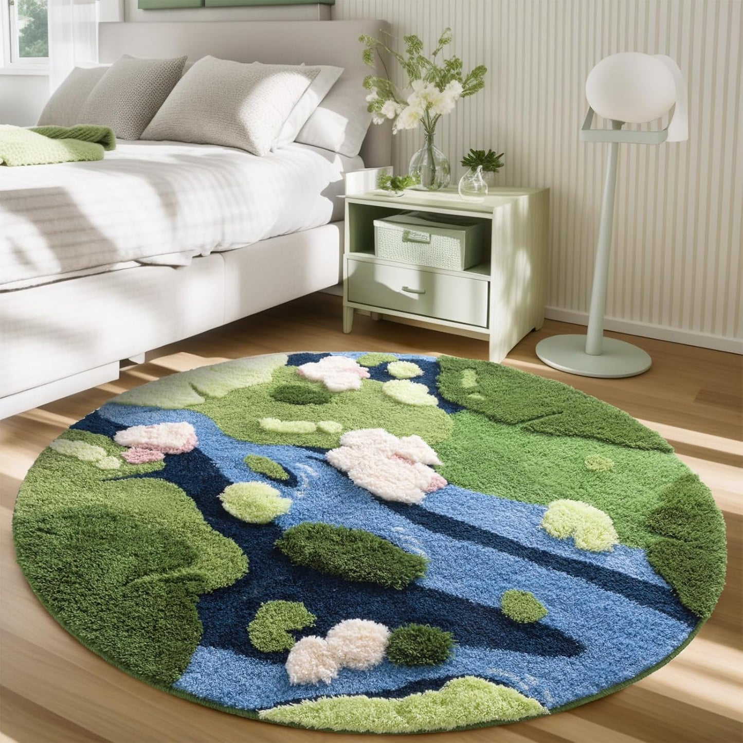 Modern Round Area Rug in Grass Green Moss - Non-Slip Shag Fluffy Carpet, Washable Circle Rug for Bedroom, Nursery, Girls' Room, Living Room, Playroom, and Dorm Decor (4x4 Ft)