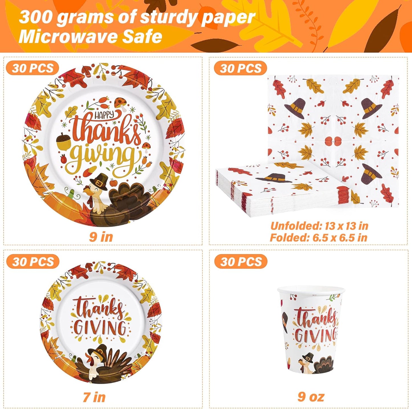 120 PCS Thanksgiving Paper Plates, Disposable Thanksgiving Plates and Cups Set, Heavy Duty Harvest Table Decorations, Fall Dinnerware Set for Holiday Decorations Themed Party Serve 30 Guests