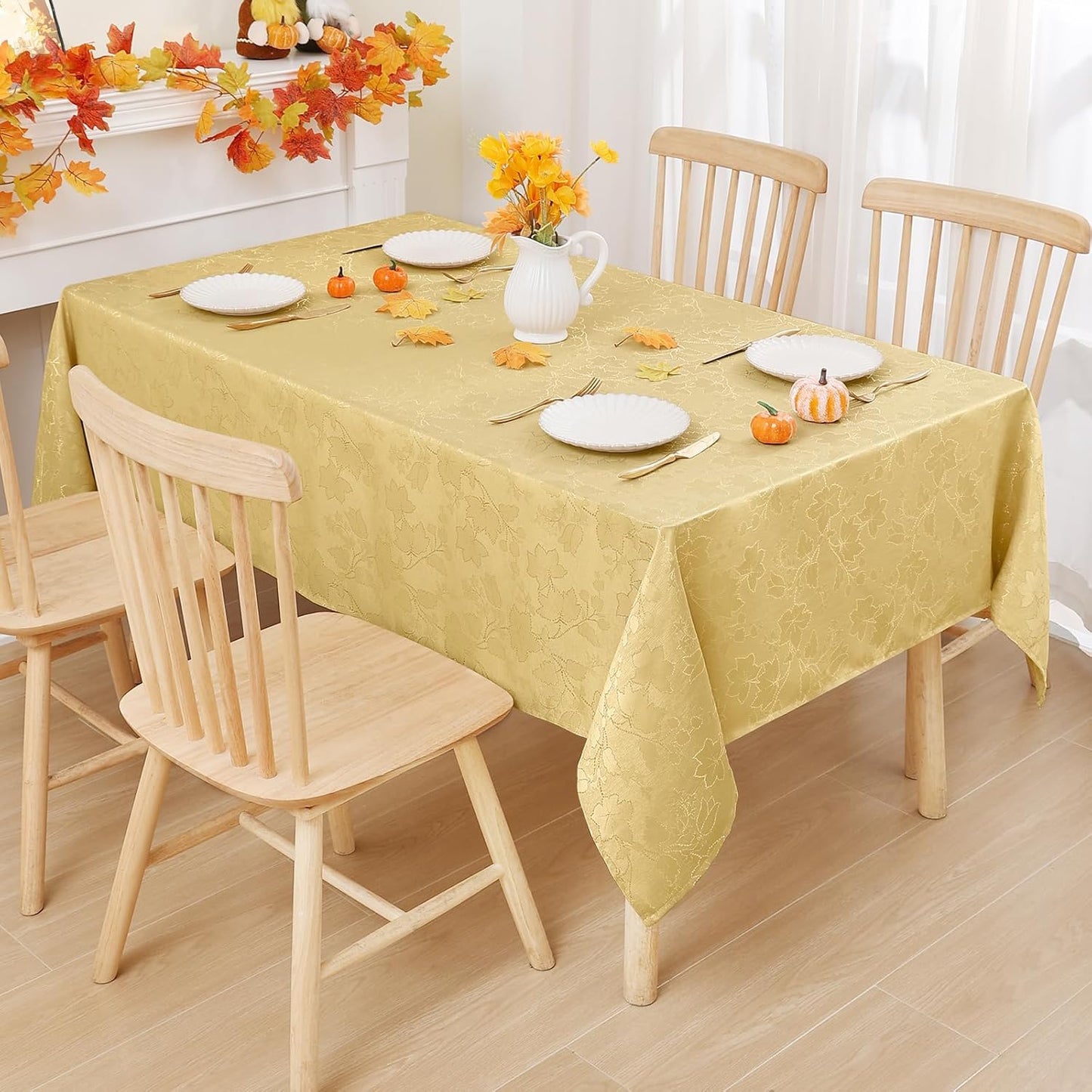Rectangle Thanksgiving Tablecloth, Waterproof Jacquard Fall Table Cloth, Damask Cloth Table Cover for Harvest Decor (60" X 102", Yellow Maple Leaf)