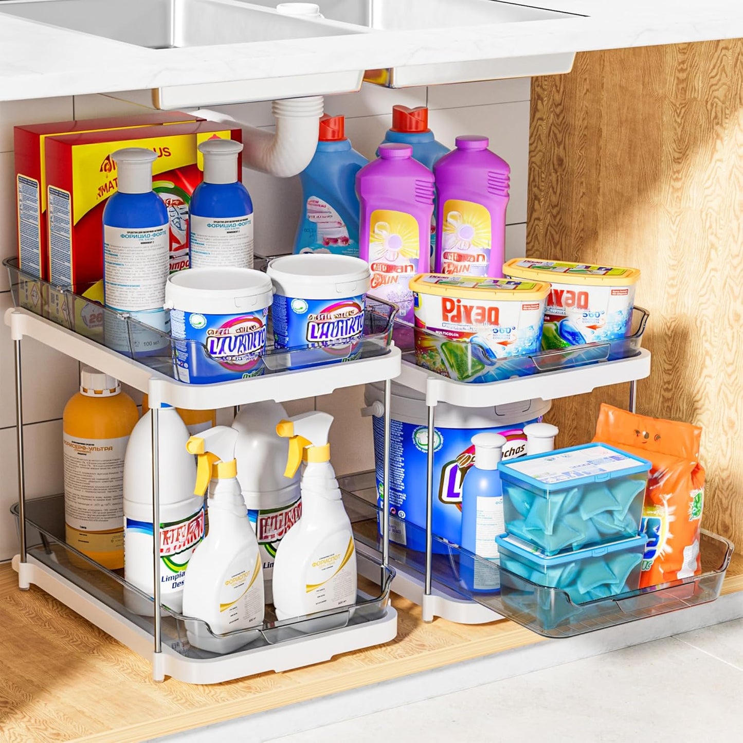 2 Sets of 2-Tier Multi-Purpose Bathroom Cabinet under Sink Organizers and Storage, Stackable Kitchen Pantry Organization and Storage, Grey