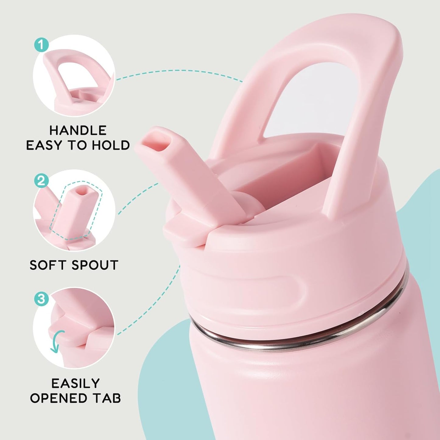 12Oz Kids Water Bottle for School, Toddler Bottles with Straws, Stainless Steel Vacuum Insulated Water Bottle for Boys&Girls, Leak-Proof, Bpa-Free, Bubble Gum