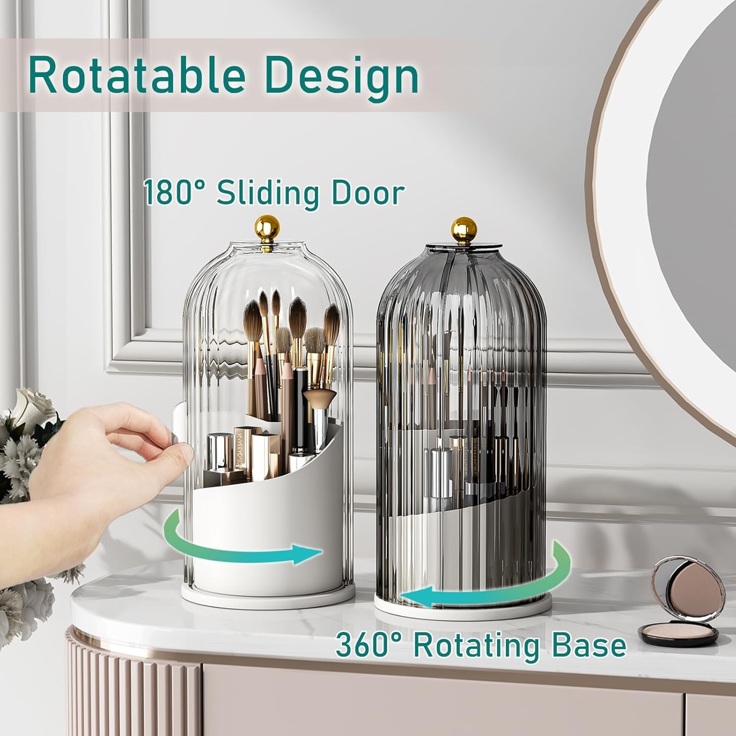 Makeup Brush Holder with Lid Cosmetic Tools Organizer 360 Rotating Waterproof Dustproof Makeup Brushes Storage for Vanity, Grey