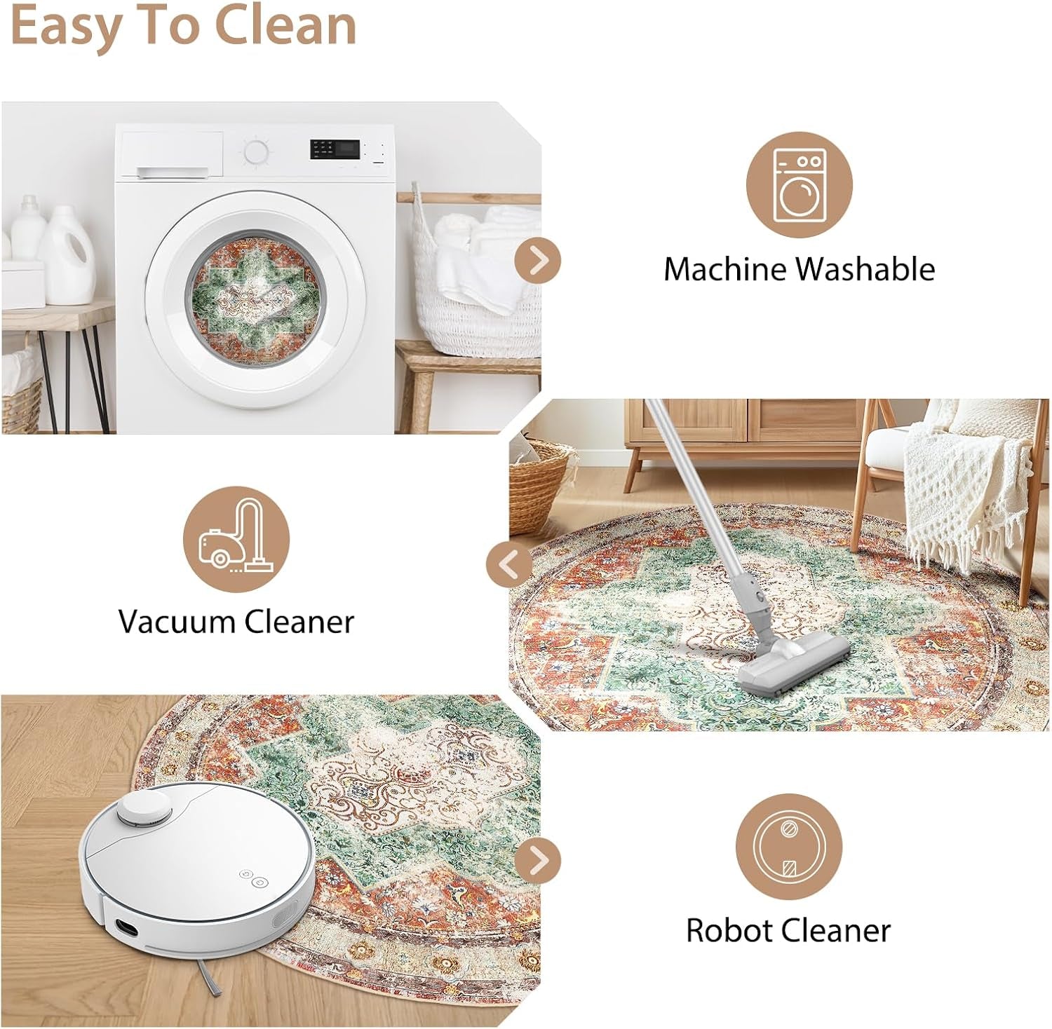 4Ft Area Rugs Machine Washable No Pile Non Slip Vintage Rugs for Living Room&Bedroom&Dinning Room Bohemian Distressed Carpet Indoor,Brick