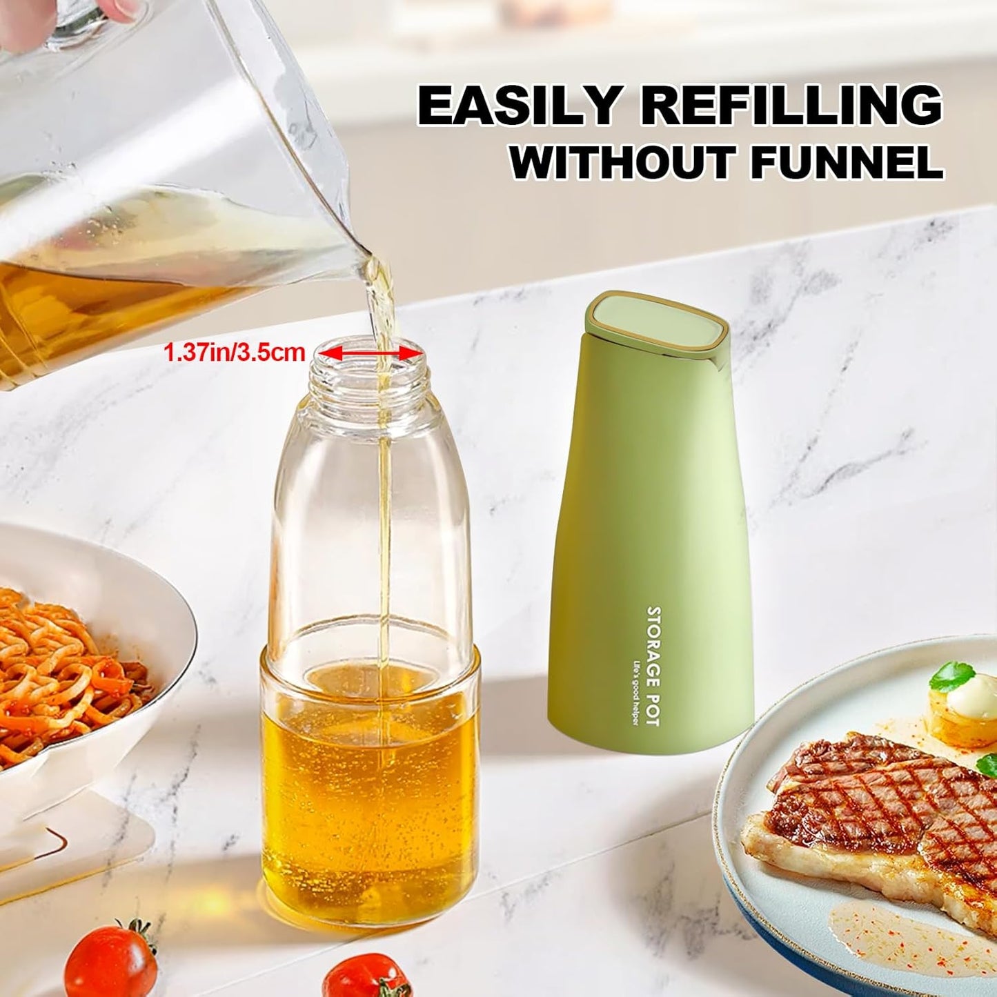 Large Capacity Olive Oil Dispenser - 500ml Glass Vinegar Drizzler, Leak-Proof Oil Bottle, Non-Drip Soy Sauce Dispenser with Pourer and Labels (Green)