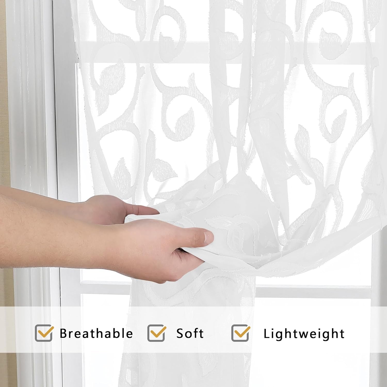 Furman Sheer White Curtains 84 Inches Long for Bedroom Living Room 2 Panels Set, White Curtains Jacquard Clip Light Filtering Semi Sheer Curtain Rod Pocket Window Drapes, 2 Pcs Each 40 W 84 L