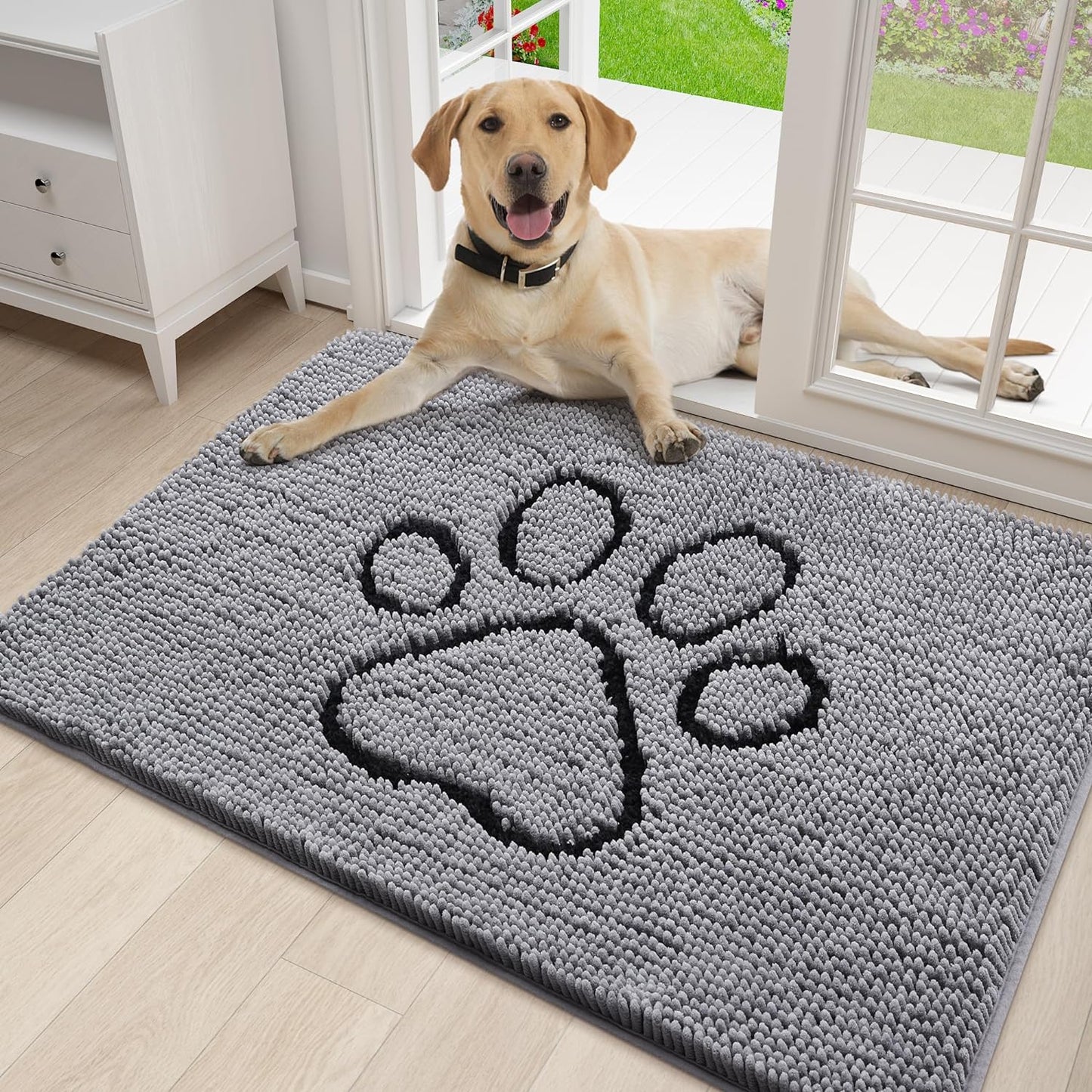 Luxury Chenille Bath Rug (Black 24X16) Dog Door Mat for Muddy Paws (Grey 30X20)