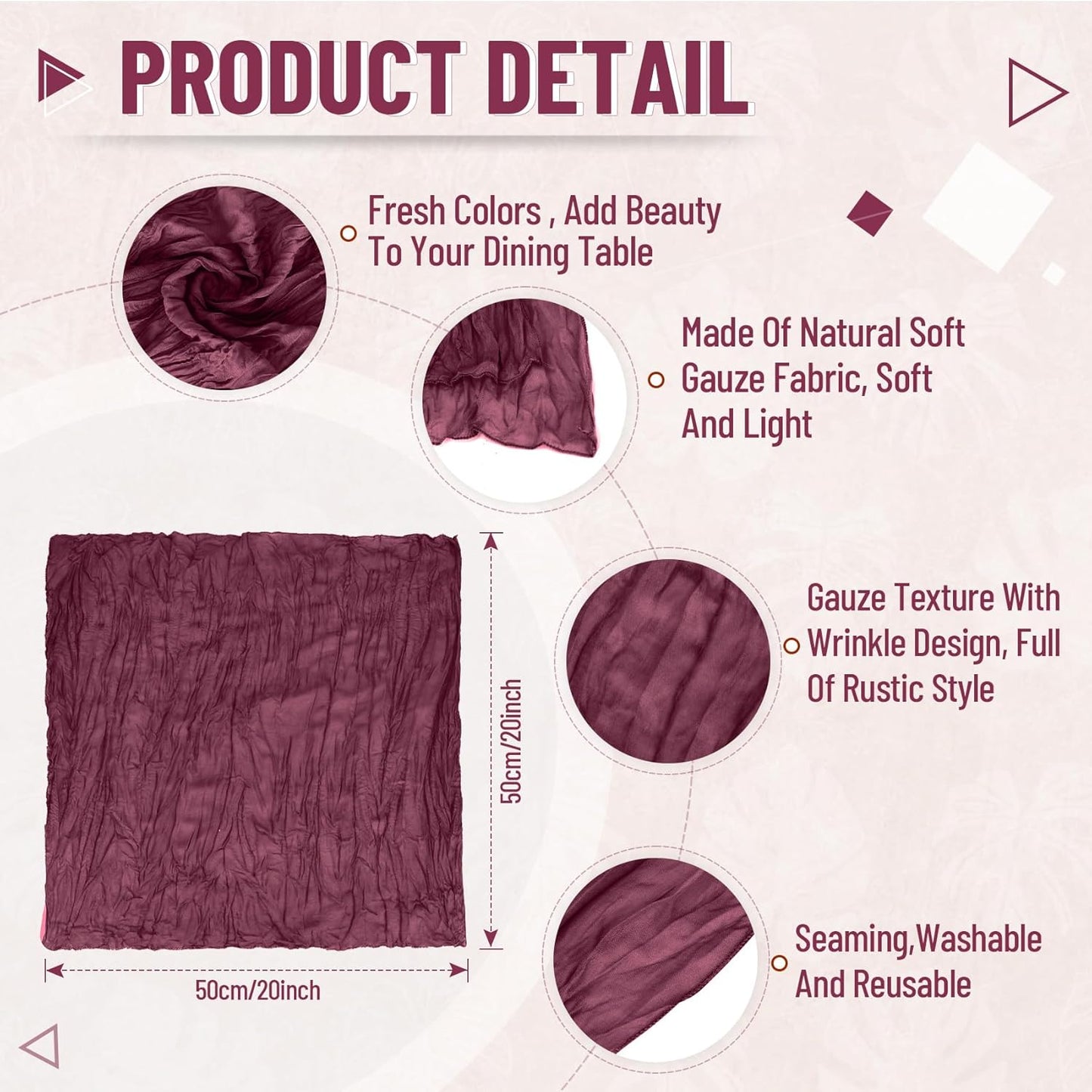 25 Pack Cheesecloth Napkins 20X20 Inch Dinner Table Napkins Boho Washable Rustic Gauze Napkins Bulk for Wedding Bridal Baby Shower Party Decor (Burgundy)