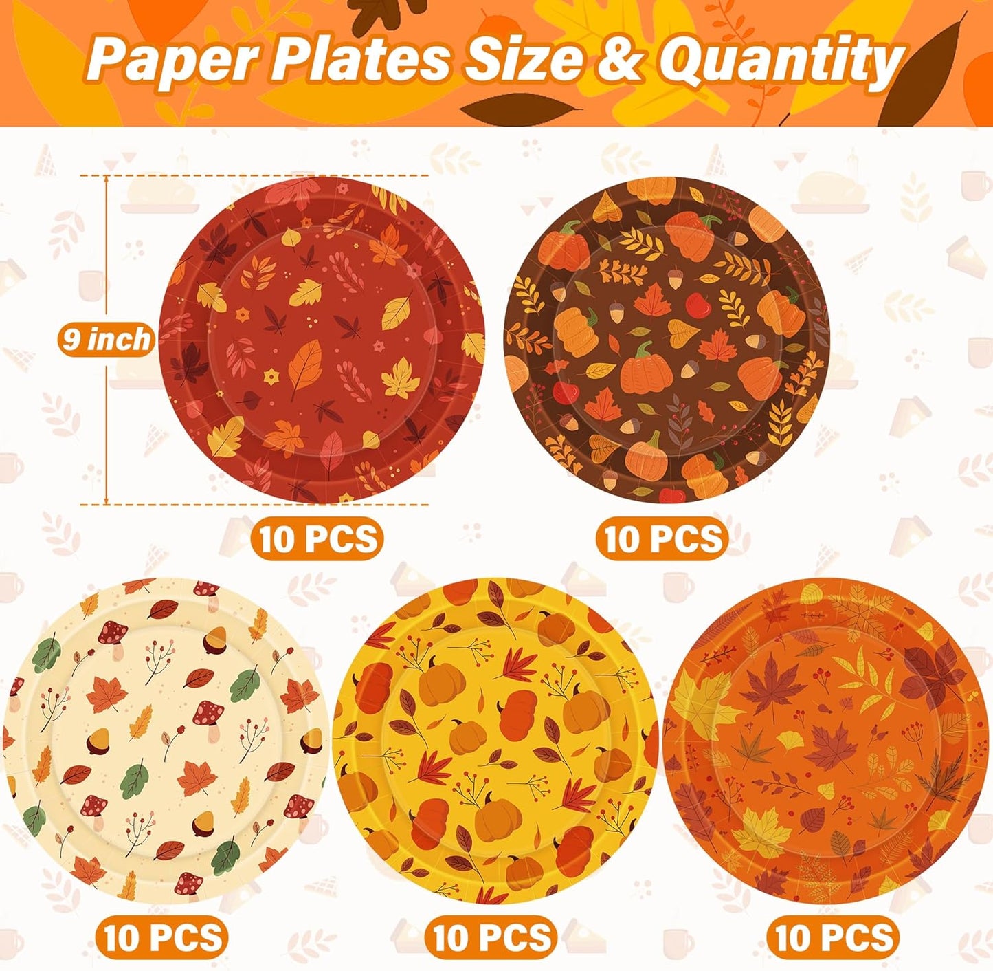 50 PCS Thanksgiving Paper Plates, 9" Disposable Thanksgiving Plates, 5 Styles Fall Party Tableware with Maple Leaves Pumpkins, Harvest Party Plates for Autumn Dinnerware Party Supplies