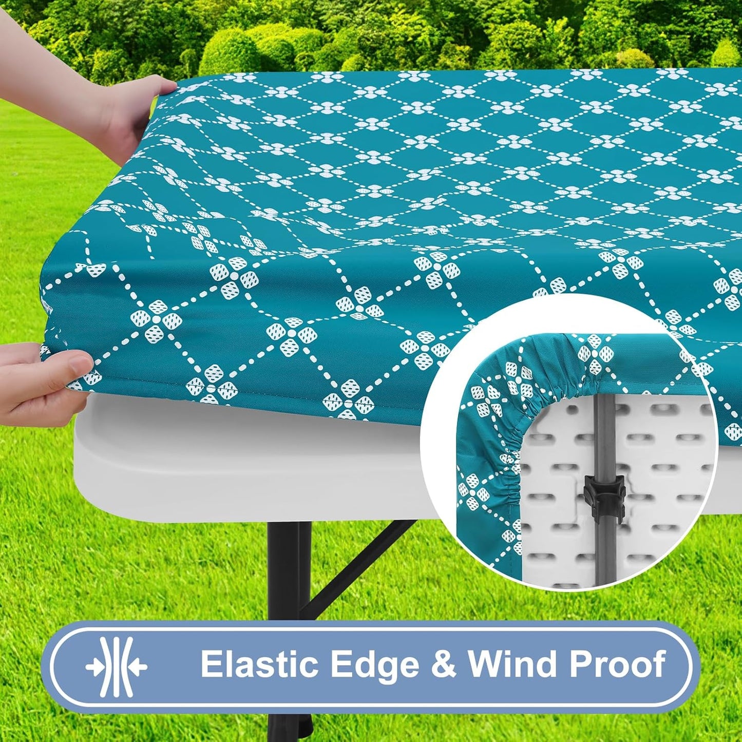 Rectangle Vinyl Table Cloth, Elastic Fitted Tablecloth with Flannel Backing, Waterproof Plastic Table Cover Fits 6 Foot Folding Tables for Camping, Indoor and Outdoor (Teal, 30" X 72")