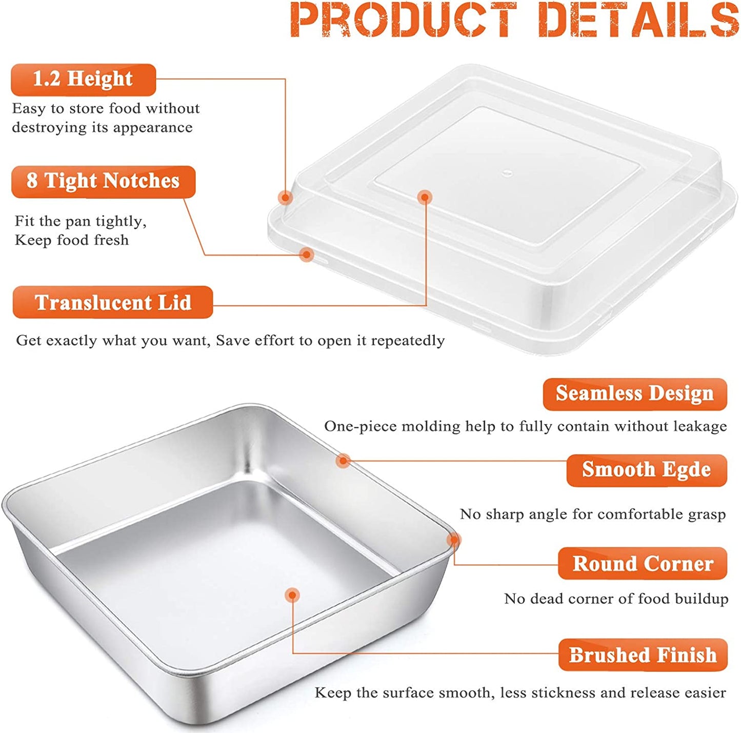 Square Baking Cake Pan with Lid, Stainless Steel Lasagna Brownie Pan and Plastic Cover for Picnic Wedding Birthday, Healthy & Sturdy, Oven & Dishwasher Safe, (8 Inch, 2Pcs)
