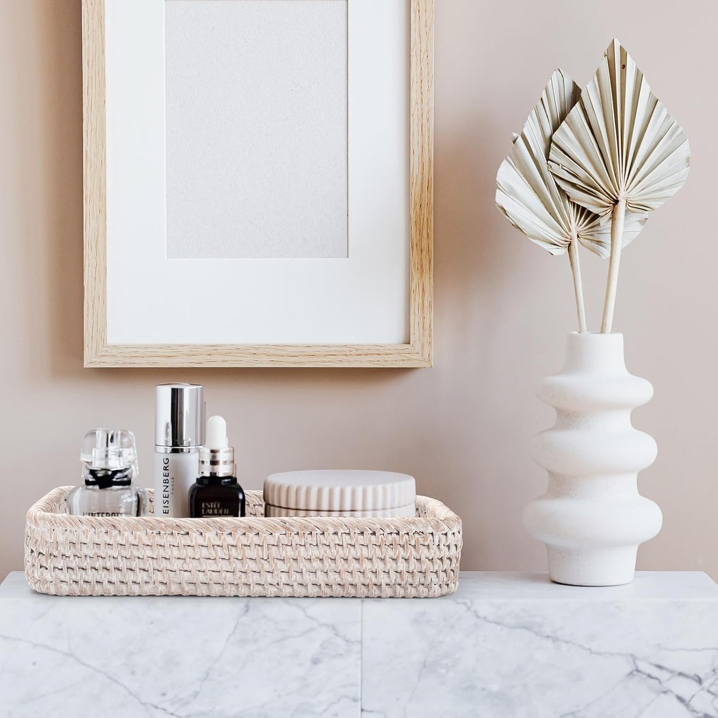 Rattan Bathroom Vanity Trays Toilet Tank Baskets Long Narrow Hand Towel Storage Basket for Storage, Decorative (Whitewash 10.2 X 4.9 X 1.6 Inch)