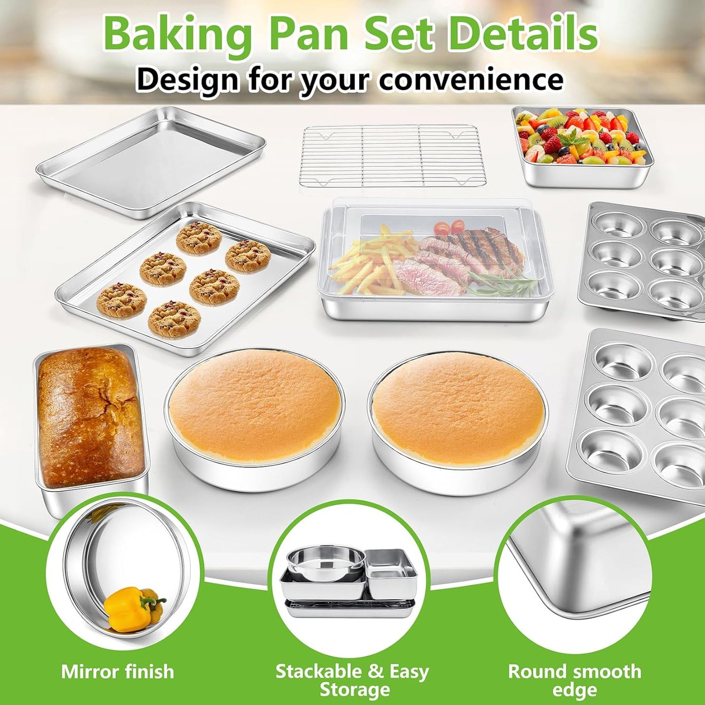 Bakeware Sets of 11, Stainless Steel Baking Pans Set, Includes Baking Sheets and Rack, Lasagna Pan with Lid, Round/Square Cake Pan, Muffin Pans, Loaf Pan, Reusable & Durable