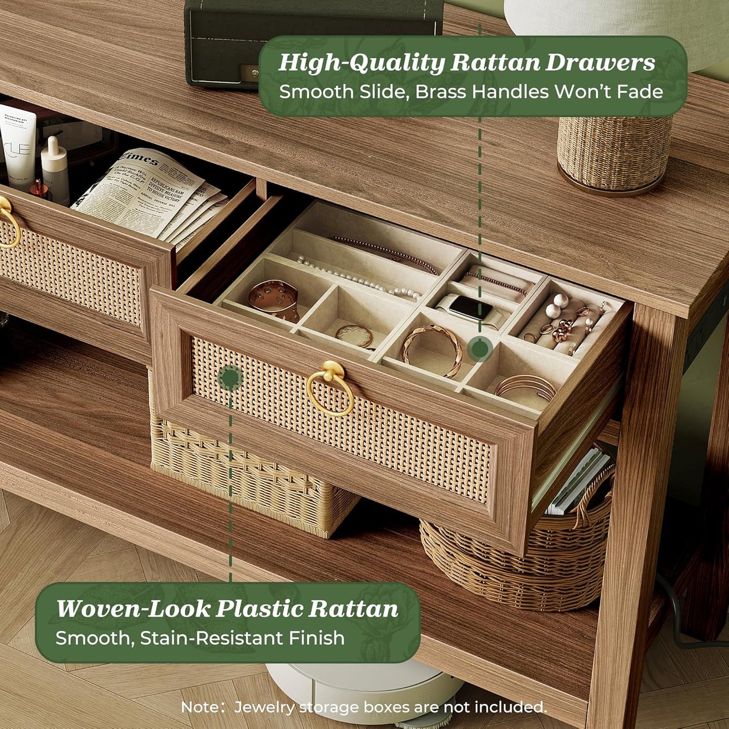 Rattan Console Sofa Table with Integrated Outlets and USB-C Port, 3-Drawer Entryway Table with Synthetic Rattan Surface and Open Shelf for Foyer and Hallway Storage, Brown