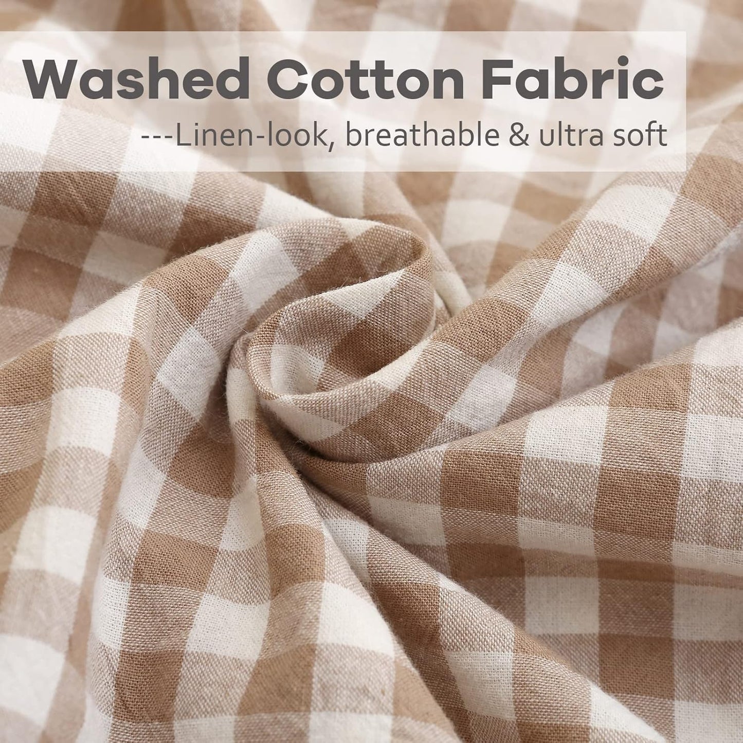 Set of 2 Taupe and White Plaid Ruffle Square Euro Pillow Shams - 100% Washed Cotton Gingham in Camel Brown for Fall Decor - 26'' x 26