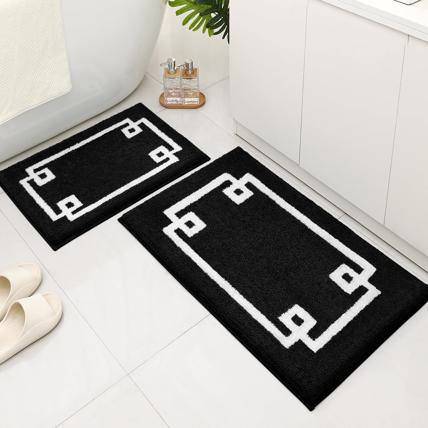 Bathroom Rugs Sets 2 Piece, Soft and Water Absorbent Microfiber Carpet, Non-Slip Washable Bath Mats (20"X32"+16"X24", Black and White)