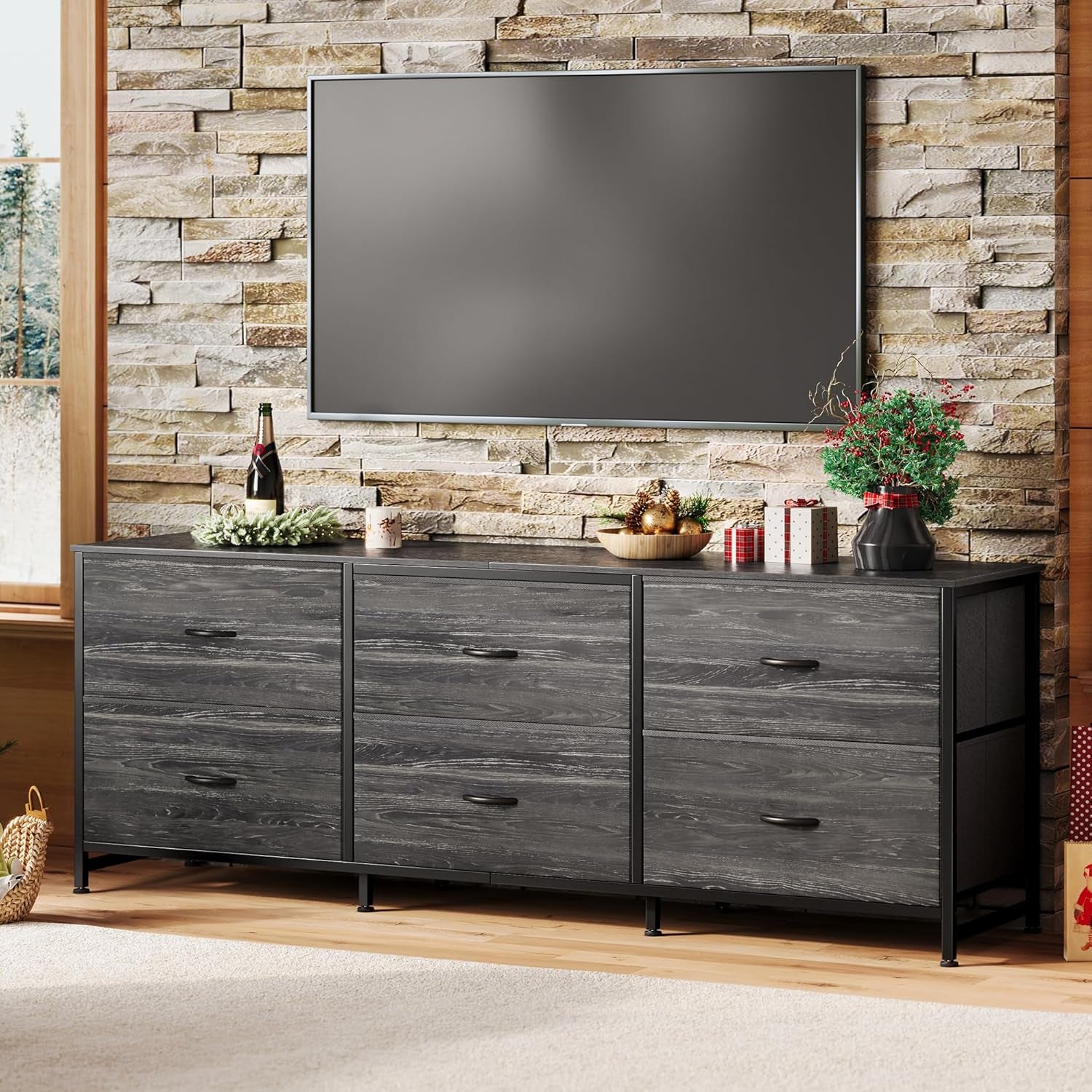 63-Inch Dresser and TV Stand for 55-70 Inch TVs, 6-Drawer Storage Organizer with Fabric Drawers, Charcoal Black Wood Grain Finish for Bedroom and Entryway